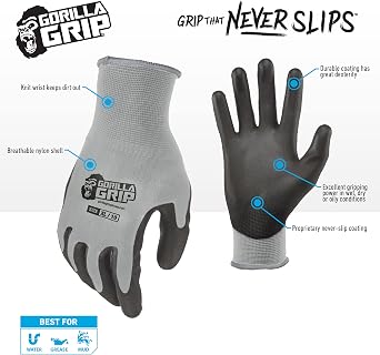 Gorilla Grip Work Gloves, Never Slip Maximum Grip All-Purpose, Gloves for Men, Superior Grip, Polymer Palm