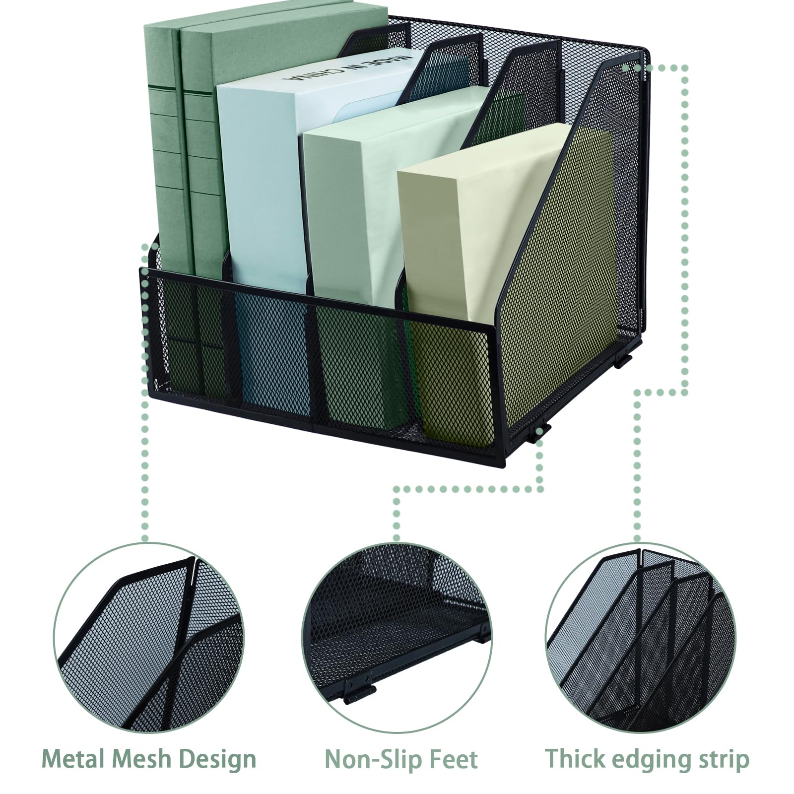 Porte-fichiers A4 Pliante 4 Compartiments Verticaux Organisateur de Bureau Rack de Rangement Noir
