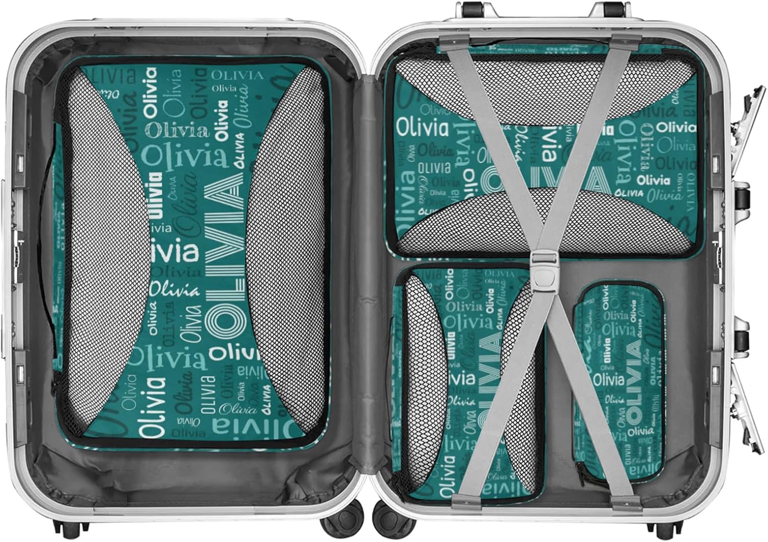 Personalized Packing Cube Set of 4 with Zipper, Custom Name Cubes Set for Women Grils, Travel Luggage Packing Organizers for Suitcases, Dark Green Background