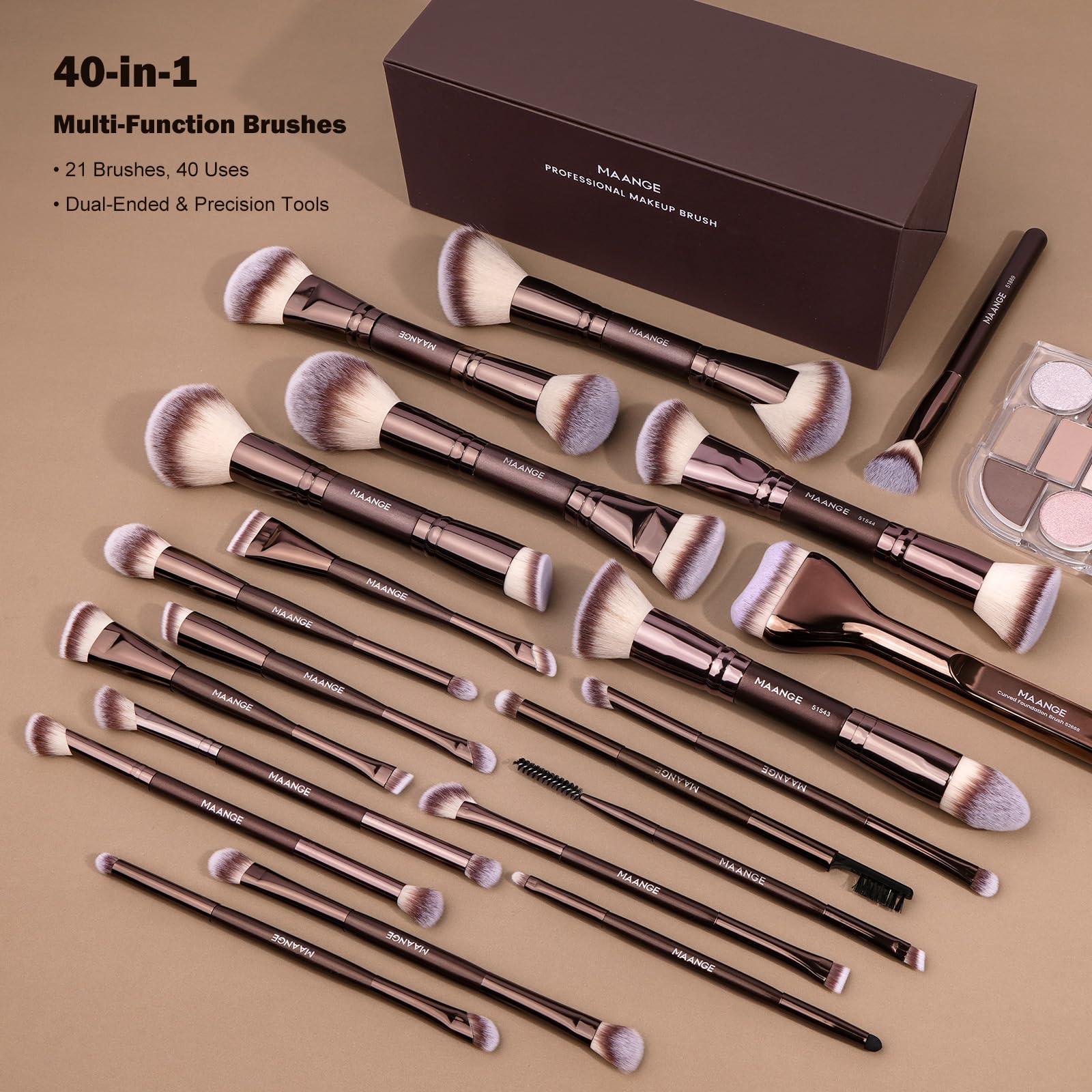 MAANGE Pinselset Make Up Pinsel Set, 21 Schminkpinsel mit Geschenkbox, 40-in-21 Duo-End Make up Pinsel Für Foundation Puder Lidschatten Concealer Blush, Kaffee Gold