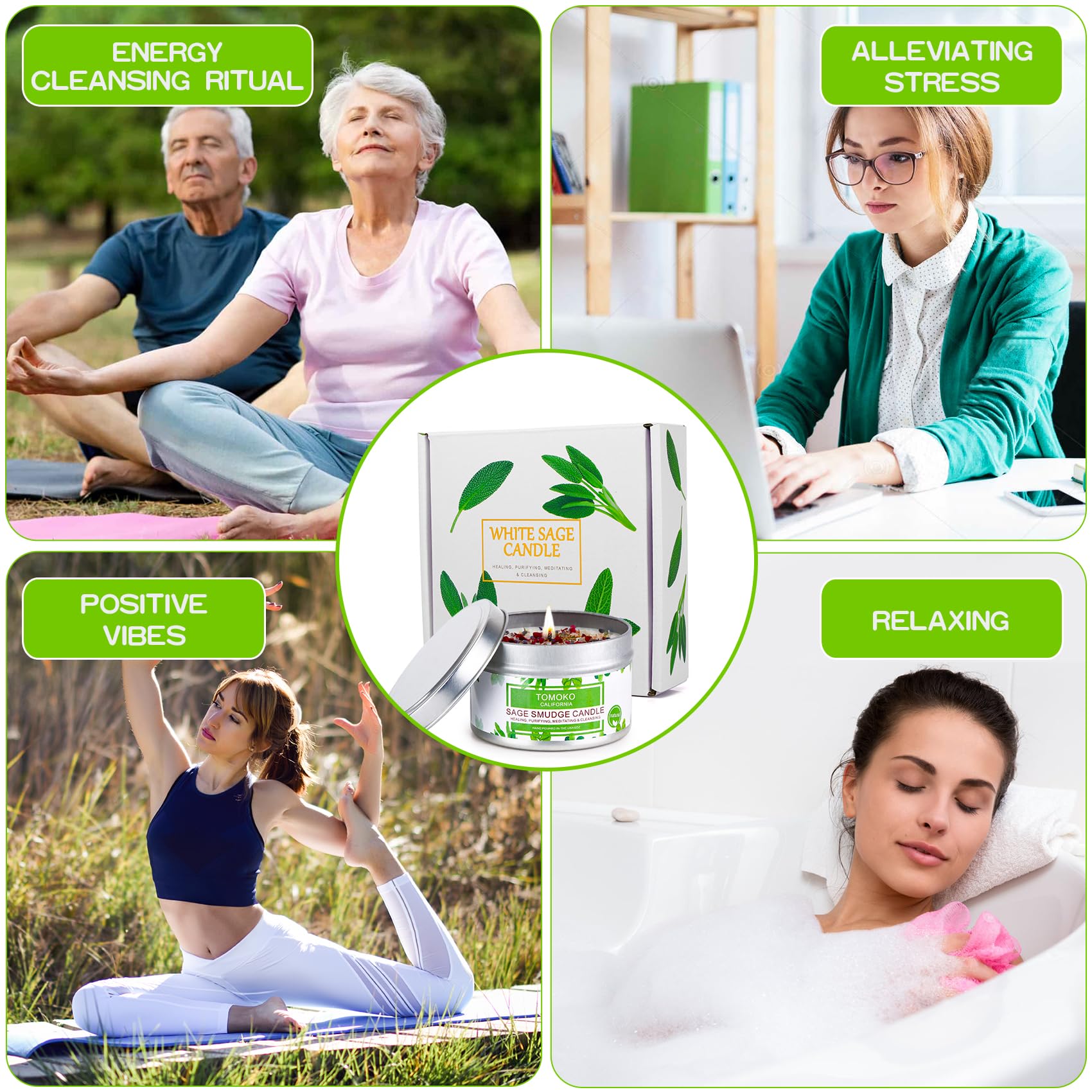 Paquete de 4 velas de salvia blanca, hoja de salvia, rosa, lavanda, sal del Himalaya y aceite esencial