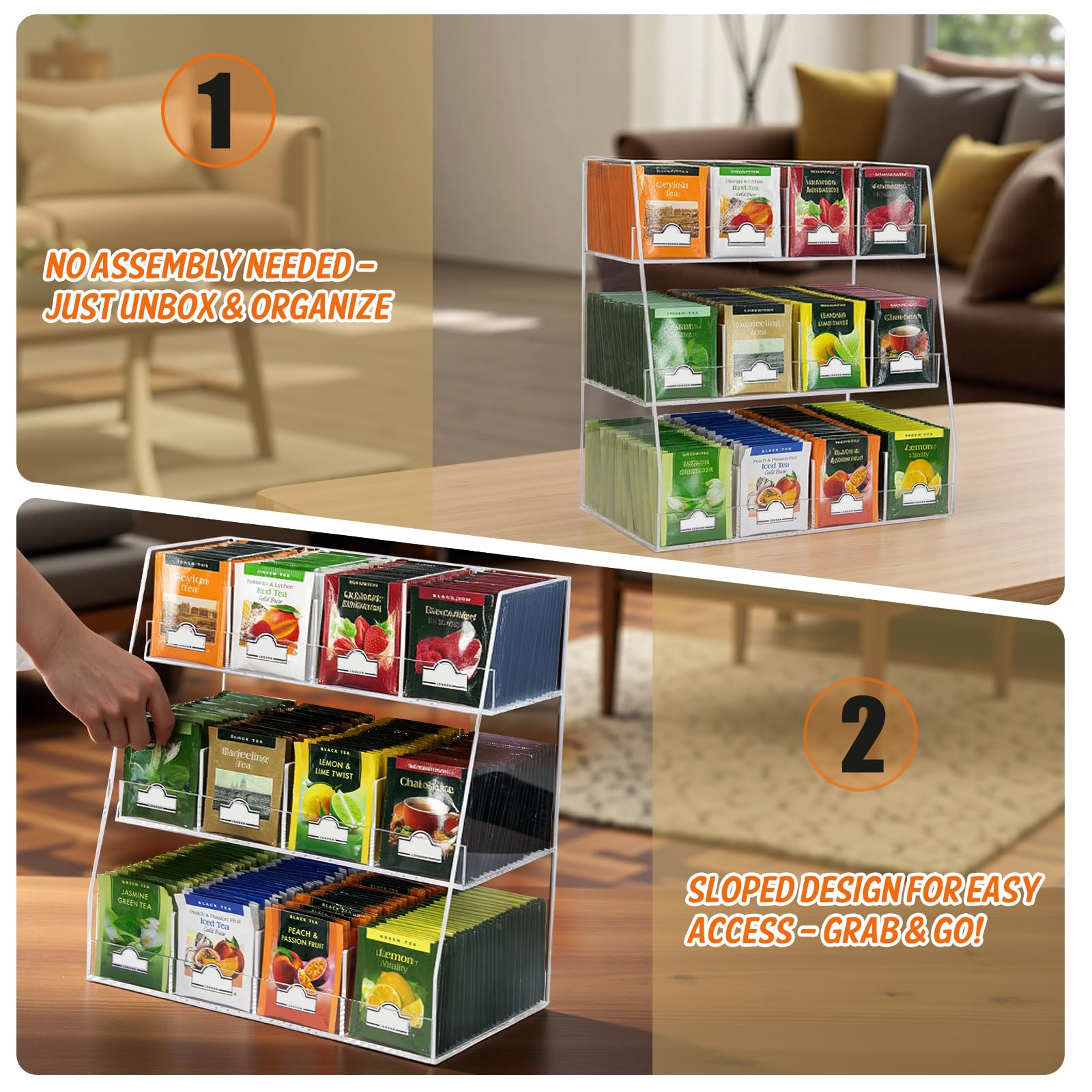Teebeutel-Organizer aus Acryl, Teebeutel Organizer, 3 Stufiger Teebeutelhalter aus Acryl, Aufbewahrungs Organizer für Teebeutel, für Arbeitsplatten, Küchenschränke, Vorratskammern