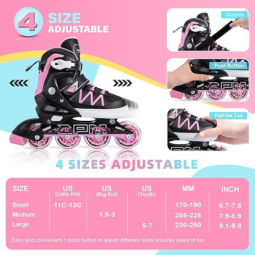 Miniatura 4 de 2PM SPORTS Patines en línea ajustables para niñas con ruedas de luz completa, divertidos patines para principiantes para niños y jóvenes