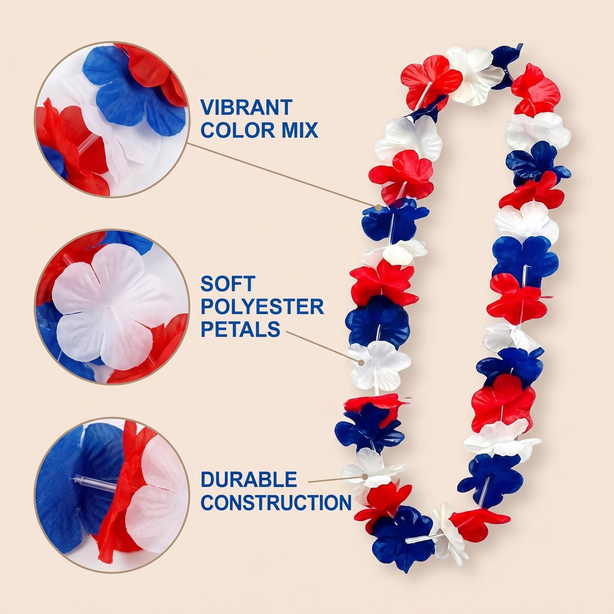 Lot de 6 Colliers Hawaïens Bleu Blanc Rouge, accessoire supporter France pour matchs de football, collier de fleurs en polyester 96cm pour adultes et enfants, idéal pour fêtes