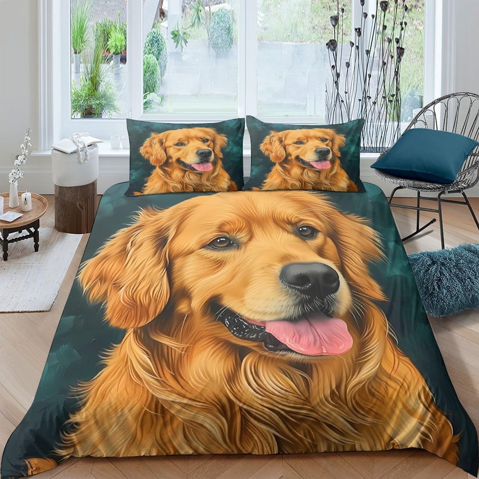 P5V6M1Q9 3D Printed Golden Retriever Dog Duvet Cover Microfiber Soft Breathable Animal Bedding Set with 2 Pillowcases for Bedroom Decor Single（135x200cm）