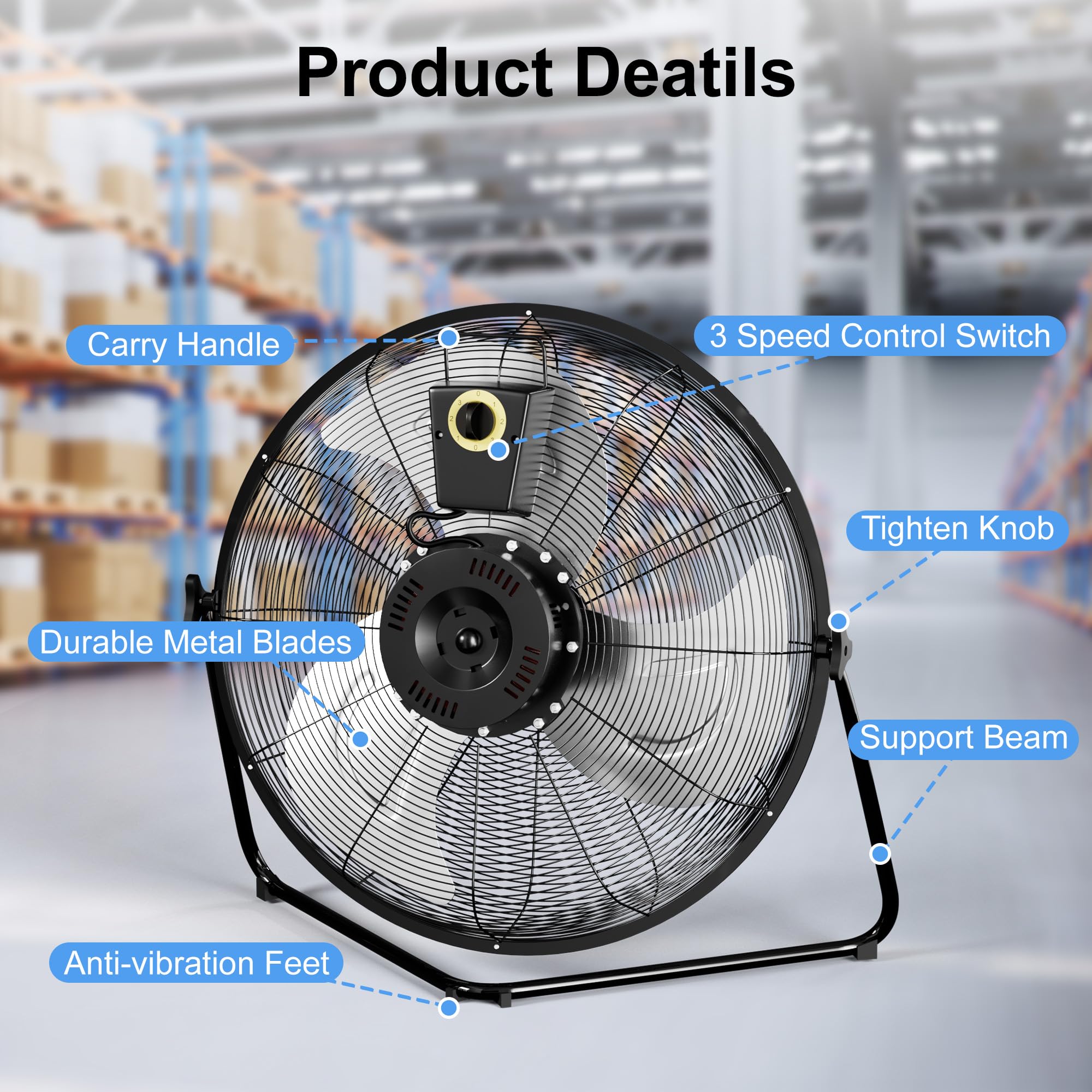Uthfy Ventilador de alta velocidad, 50,8 cm, ventilador de suelo industrial de metal de 3 velocidades, inclinación de 360°, para almacén, taller, fábrica y sótano, negro