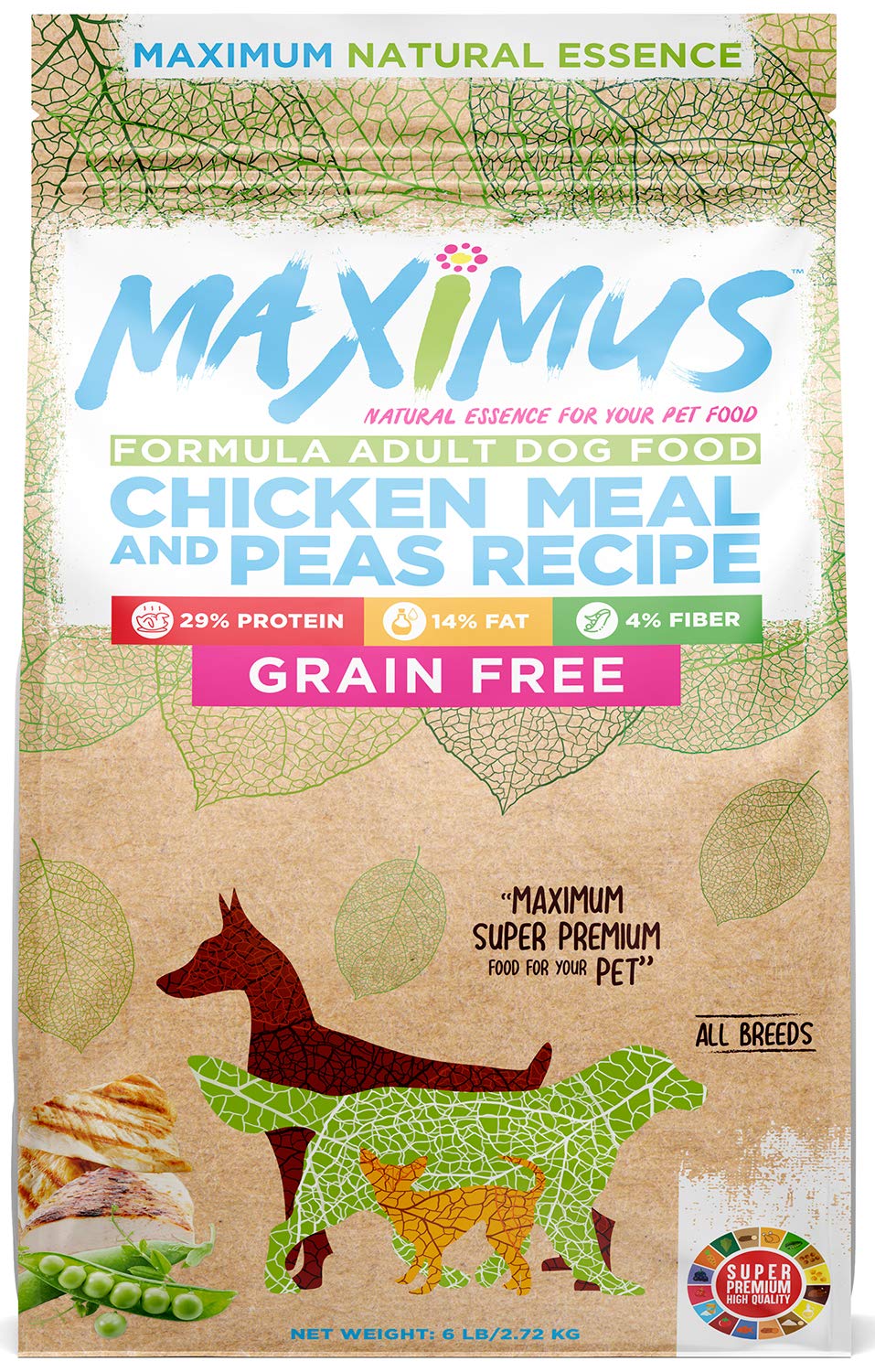Maximus Super Premium Dog Food - Natural Essence - Dry Grain Free High Protein, Healthy Chicken and Pea Recipe for Your Adult Pet of All Breeds, Balanced for Sensitive Stomach