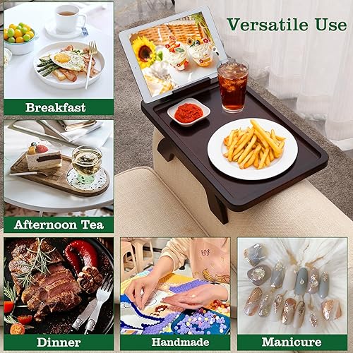 Miniatura 5 de Mesa de brazo para sofá, bandeja con clip para reposabrazos con soporte para teléfono, mesa de sofá para sala de estar y dormitorio (nogal grande,