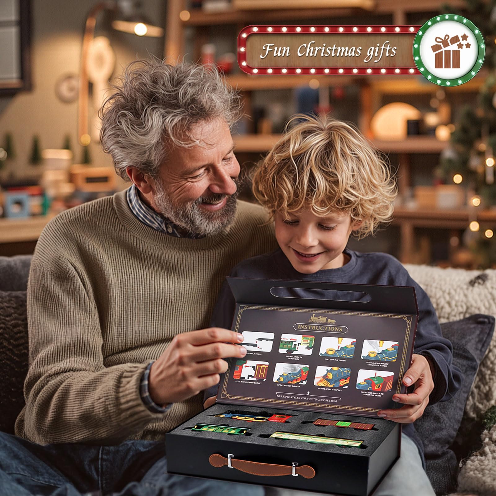 Tren de Navidad eléctrico retro con luces, sonido y vapor, batería recargable USB, locomotora y vagones, con vías y escena decorativa, juguete navideño para niños desde 3 años, ideal debajo del árbol.