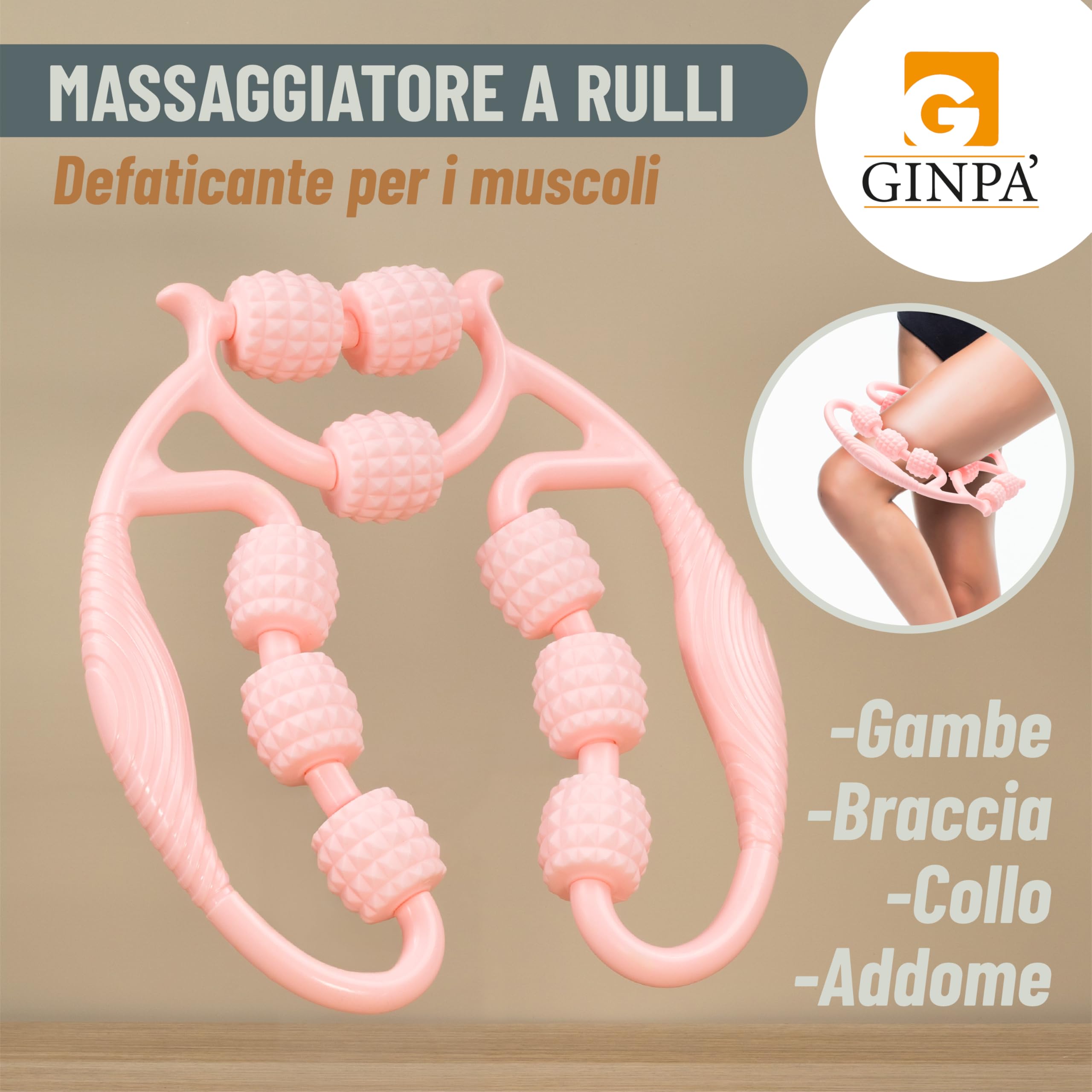Rullo Anticellulite Manuale a 9 Ruote GINPA' – E-Book incluso - Massaggiatore Gambe, Cosce e Glutei – Massaggio Muscolare Profondo – Forma Ergonomica in ABS Resistente – Anti-Lividi, Facile da Usare