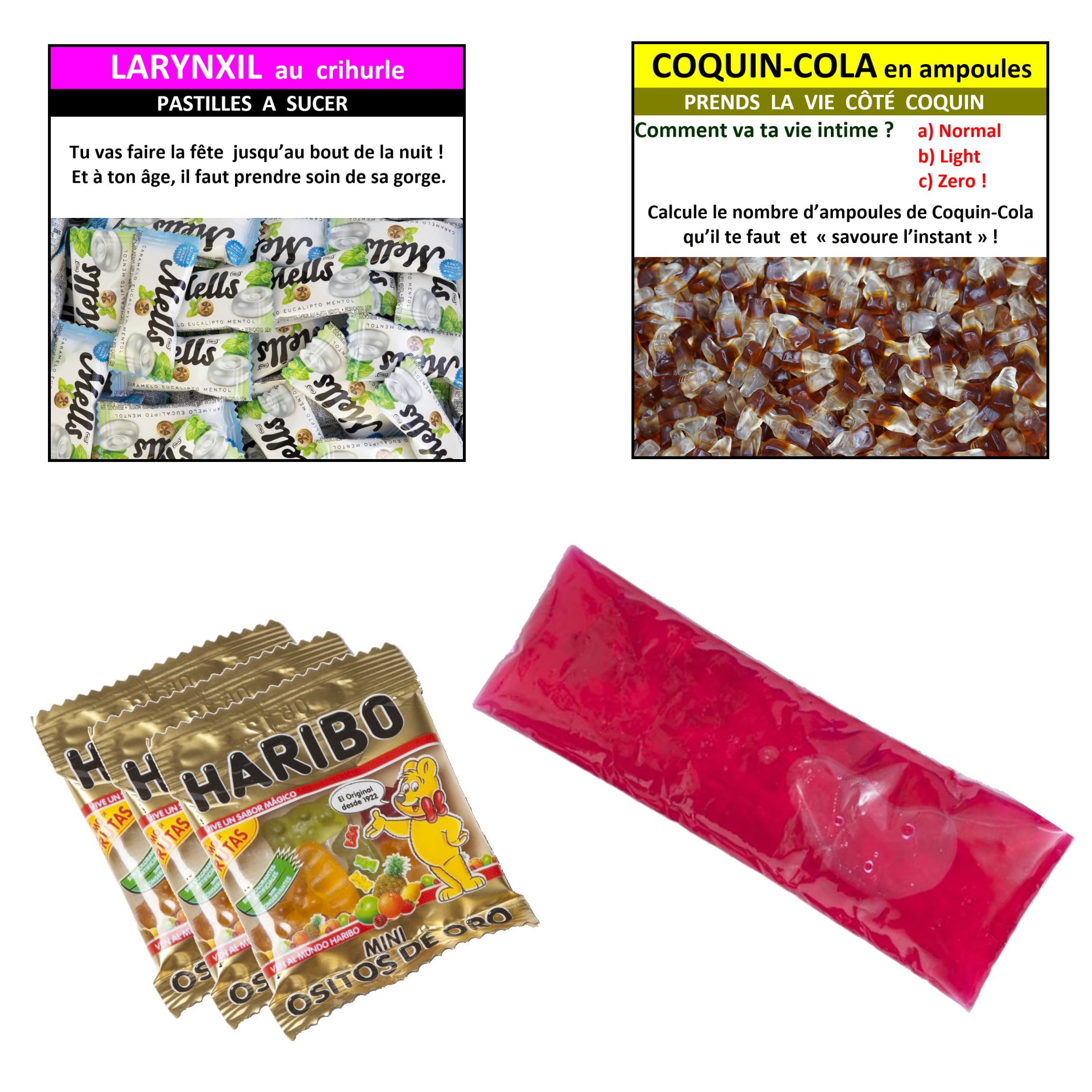 Cadeau anniversaire original. Remèdes pour passer le cap. Boite à pharmacie avec 10 imitations de médicaments. Contient des bonbons