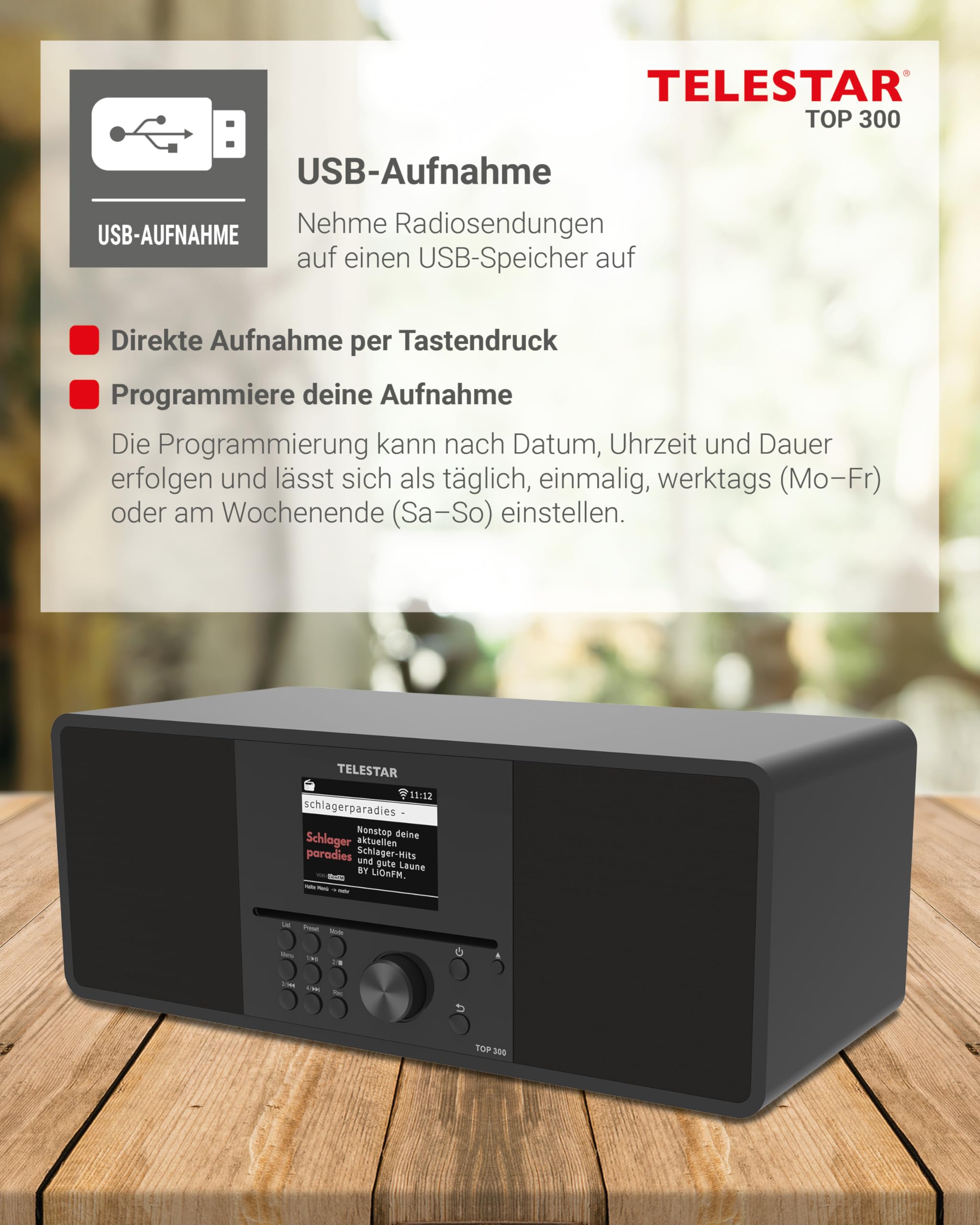 TELESTAR TOP 300 – DAB+/Internetradio mit CD-Player, Stereo – Schwarz | 2 × 15 W, Streamingdienste, Bluetooth Audio-Streaming & Sendefunktion, USB-Recording, Notfallwarnsystem