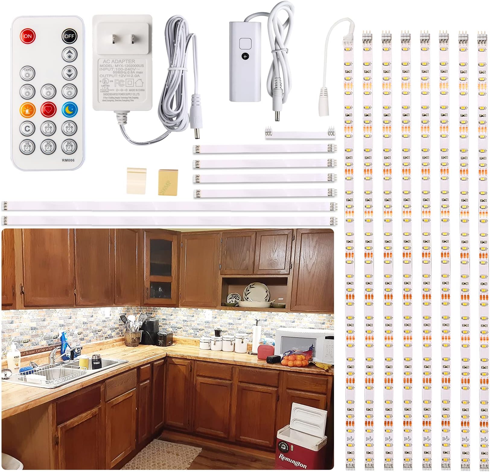 WOBANE Under Cabinet Lights, Kitchen LED Lighting Kit, 8 PCS 20inch LED Strip Light Bars with 24W Plug, RF Remote, Dimmable for Under Counter, Cupboard, Shelf, Showcase, Desk 6500K White,1900LM,13ft