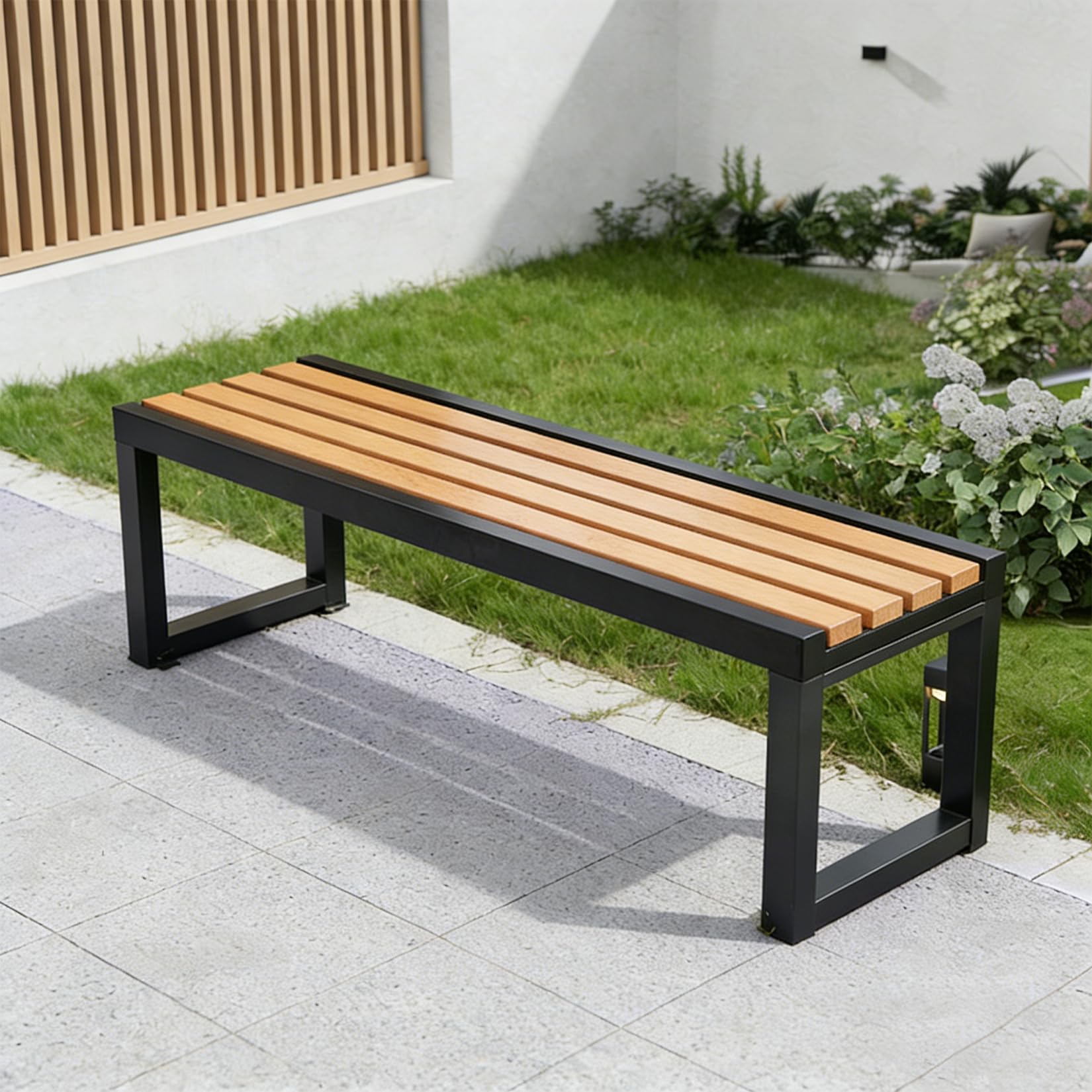 yurstcggh Garden Bench,Outdoor Backless Bench,Wood Slats Steel Legs,Weatherproof, Rustproof,Easy to assemble,2-4 Persons,For Patio Porch, Lawn Front Porch Path Yard Decor Furniture Natural wood 100cm