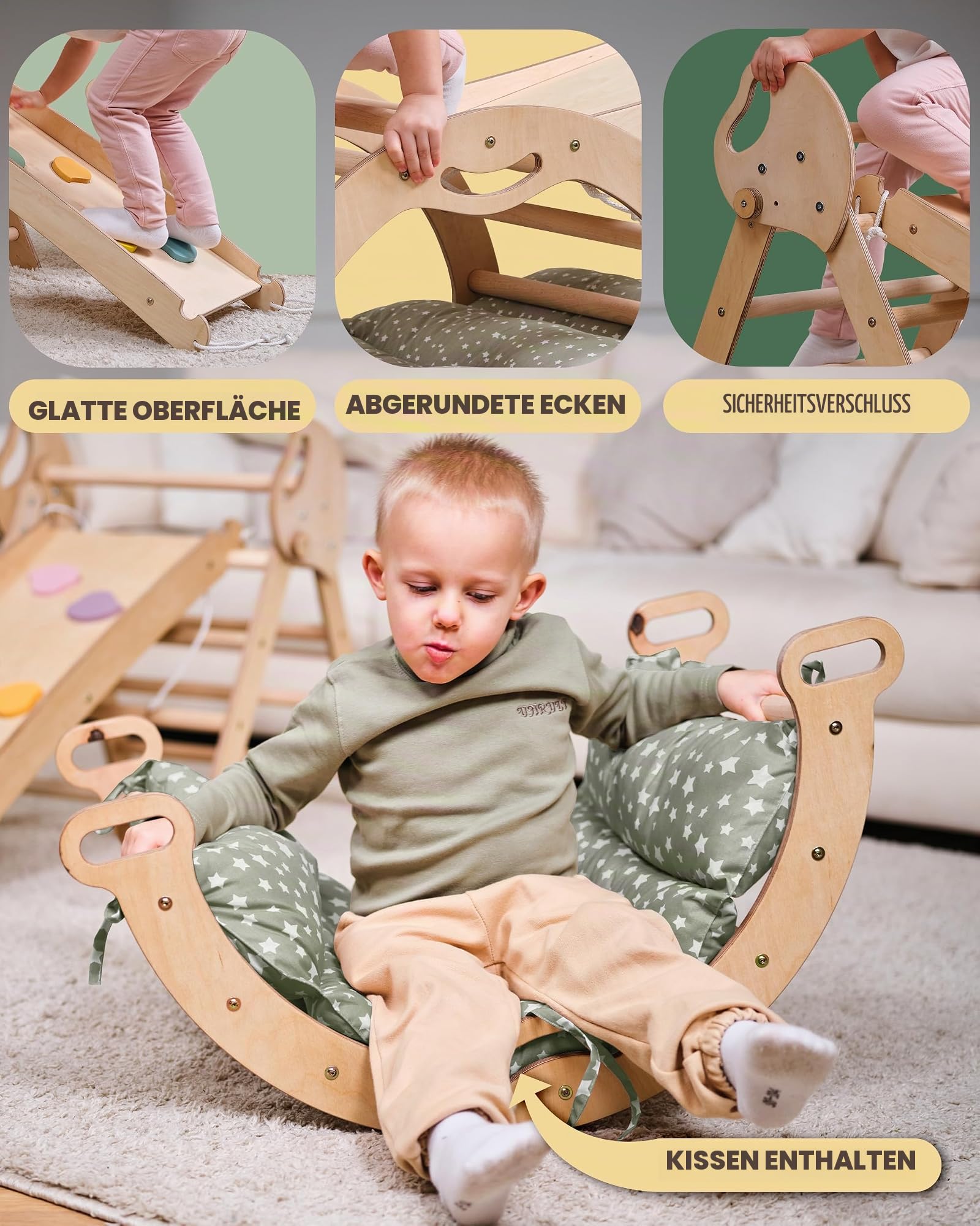 Goodevas Montessori Kletterdreieck Set | Klettergerüst Indoor Holz mit Dreieck, Wippe, Rutsche, Kissen & Kunst-Set, Umbaubar, 1-3 Jahre, Beige mit grünem Kissen