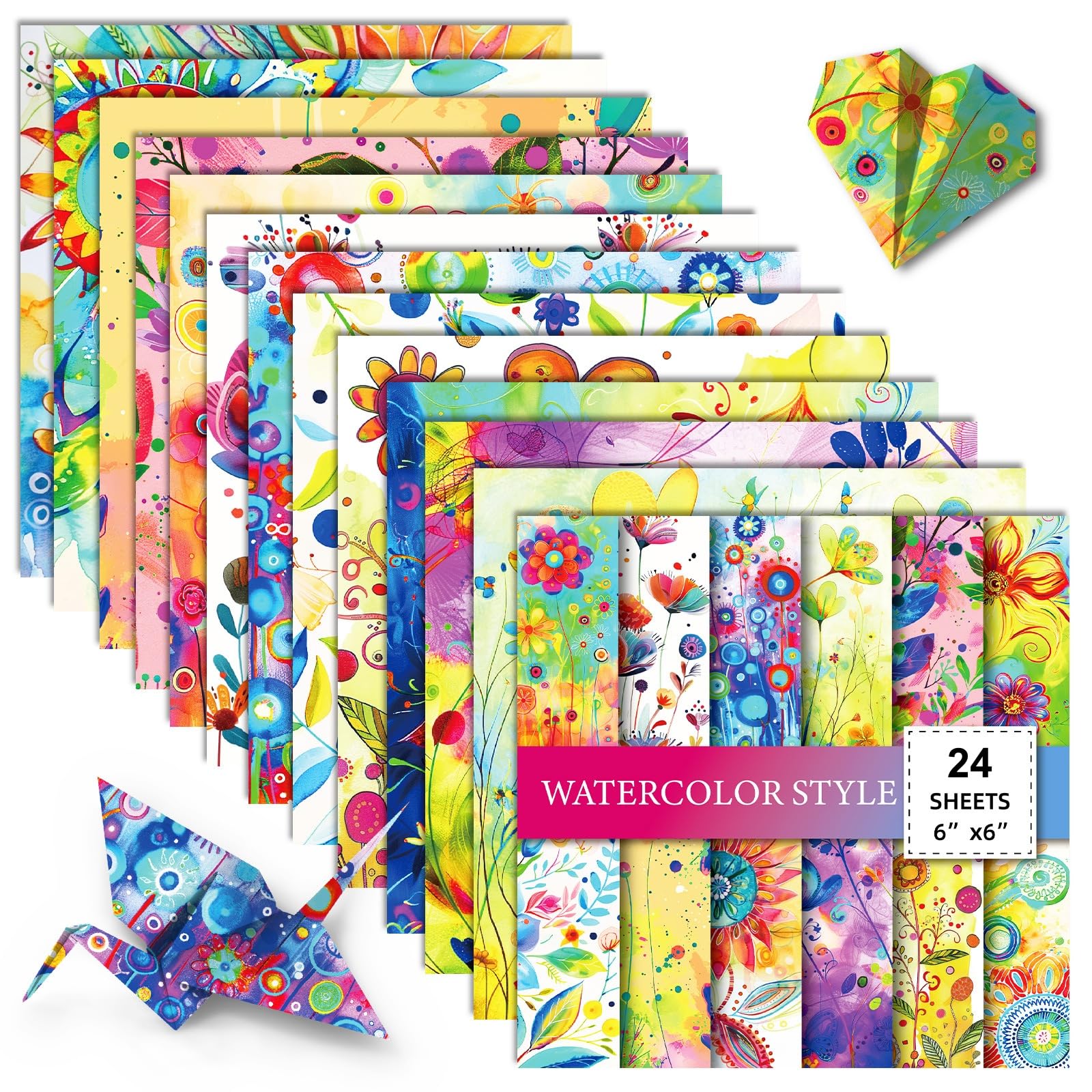 BRTNUP 24 Sheets Scrapbook Paper, 6"x6" Decoupage Paper Sheets Watercolor Floral Pattern Papers for Crafting Decorative Papers for Card Making Scrapbooking Journaling DIY Crafts Origami (Multicolor O) — image 1