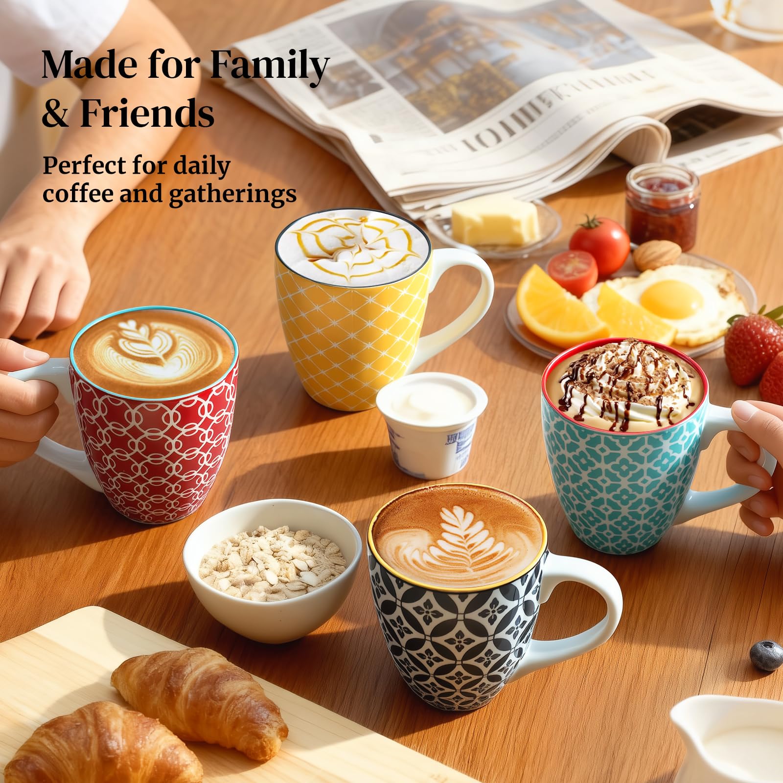 DOWAN Juego de 6 tazas de café de 350 ml, elegantes tazas de porcelana oriental, tazas grandes para café, té y café con leche