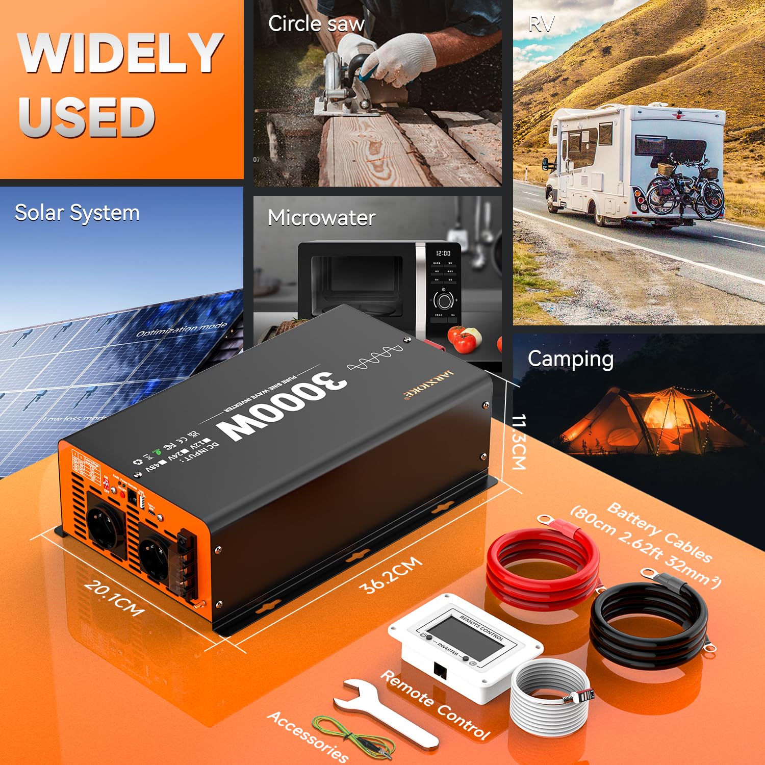 Inverter 12v 220v Onda Pura 3000W Power Inverter Invertitore di Potenza a Onda Sinusoidale Pura con Telecomando & LCD Intelligente & EU Presa & USB-A & Tipo-C (Tensione di ingresso regolabile)