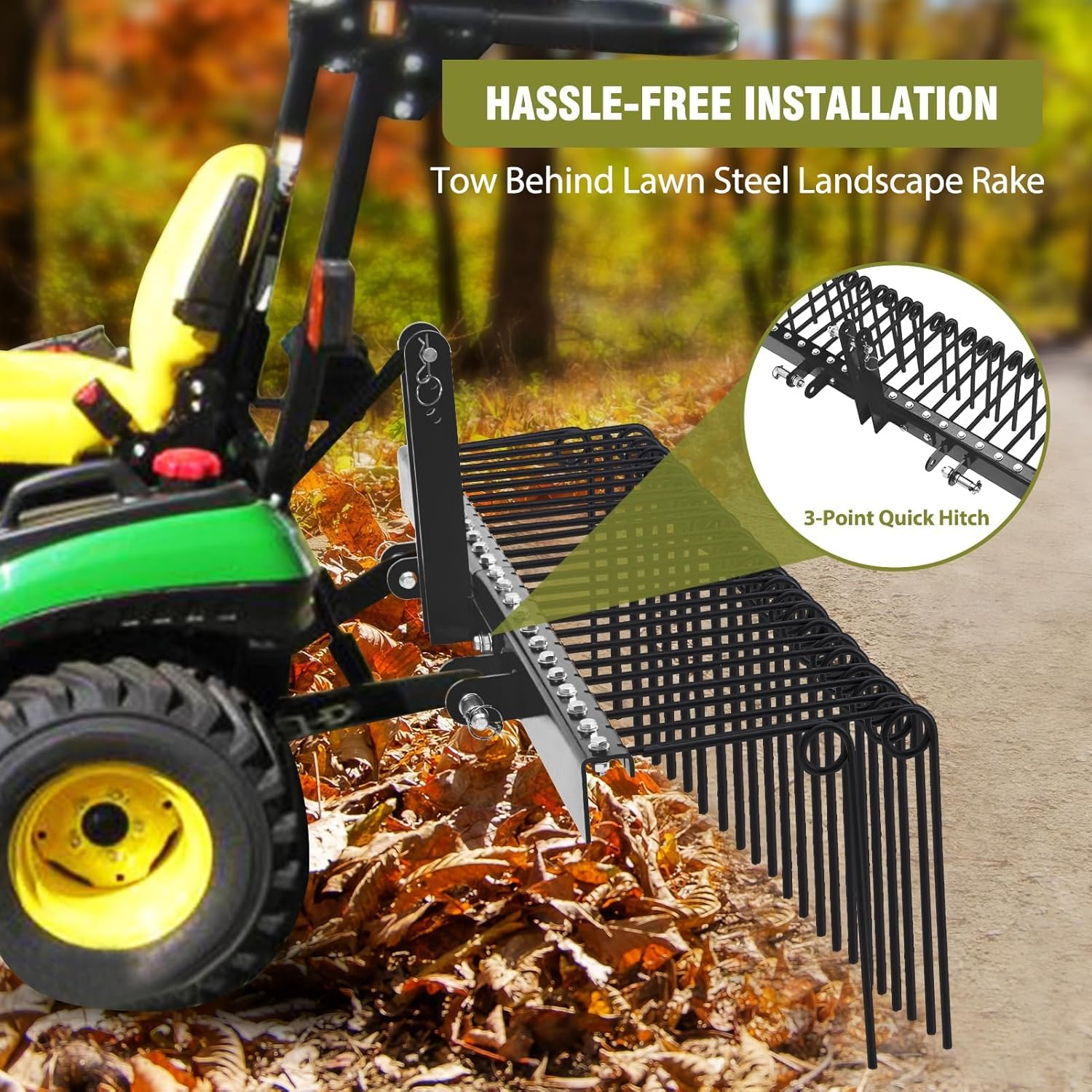 Professional 60-Inch Pine Straw Rake - 5ft Tow-Behind Landscape Rake with 26 Heat-Treated Spring Steel Tines - 3-Point Hitch Category 0 & 1 Attachment for Kubota, Massey, New Holland Tractors