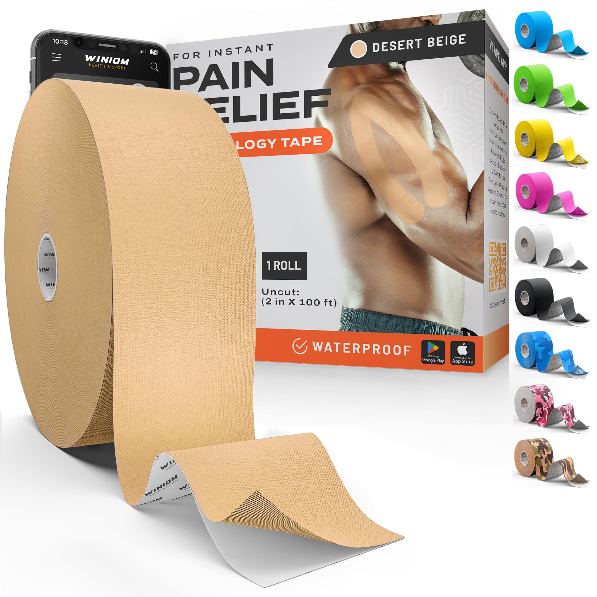Kinesiology Tape - Waterproof Athletic Tape, Uncut Roll 2"x100ft