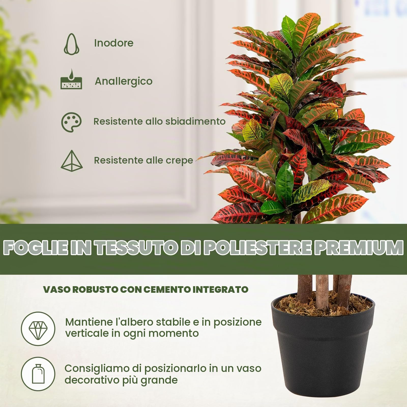 RELAX4LIFE Piante Finte da Interno 100 cm, Albero di Croton Artificiale, Pianta Finta Realistica con Tronco Naturale in Legno, Decorazione Domestica