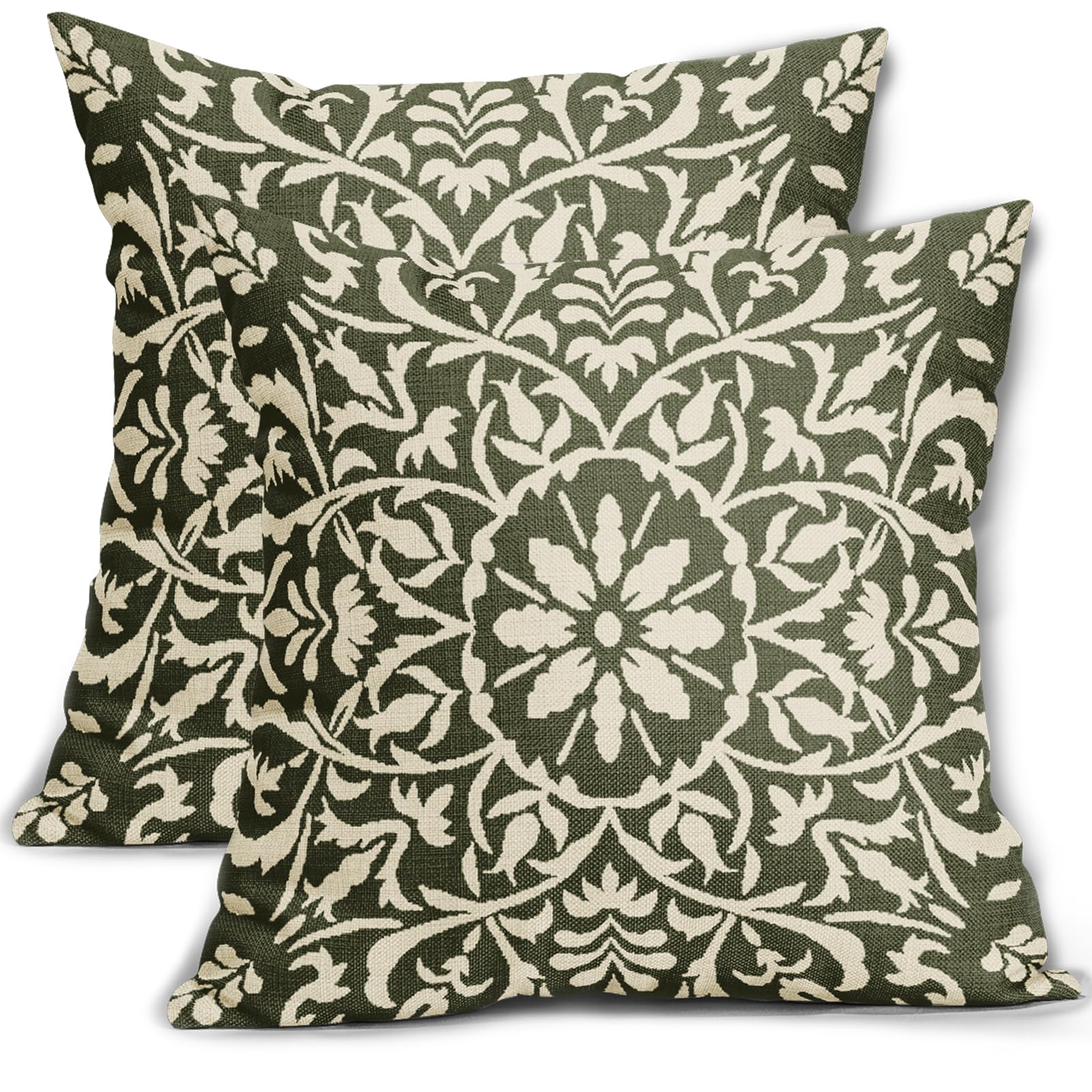 Olive Green Pillow Covers 16x16 Set of 2 Green Cream Bohemian Ethnic Carpet Boho Style Vintage Flower Print Decorative Throw Pillows Outdoor Square