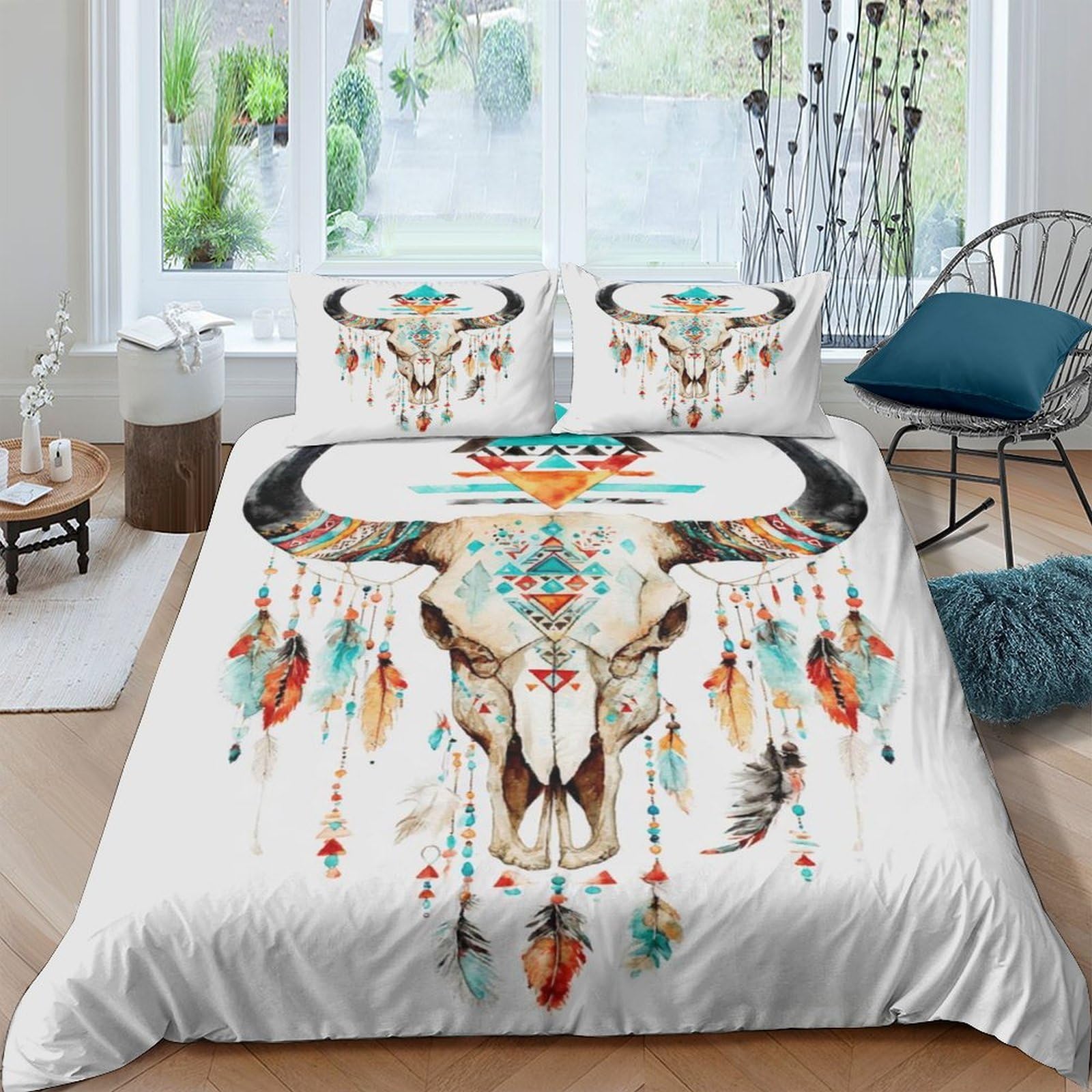 Ctjqhvkz Style-10 3D Printed Boho Bull Skull Fitted Sheet Microfiber Soft Decorative Dreamcatcher Bed Cover For Bedroom Guest Room Single（135X200cm）