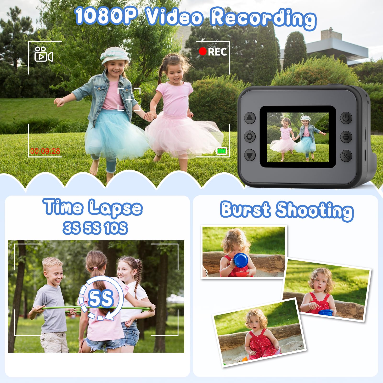 Hangrui Macchina Fotografica Bambini Istantanea, 2,4 Pollici Fotocamera Istantanea Bambini con 32G Scheda,20MP/1080P Fotocamera Digitale,Giocattolo Regalo per Ragazze Ragazzi dai 3-10 Anni