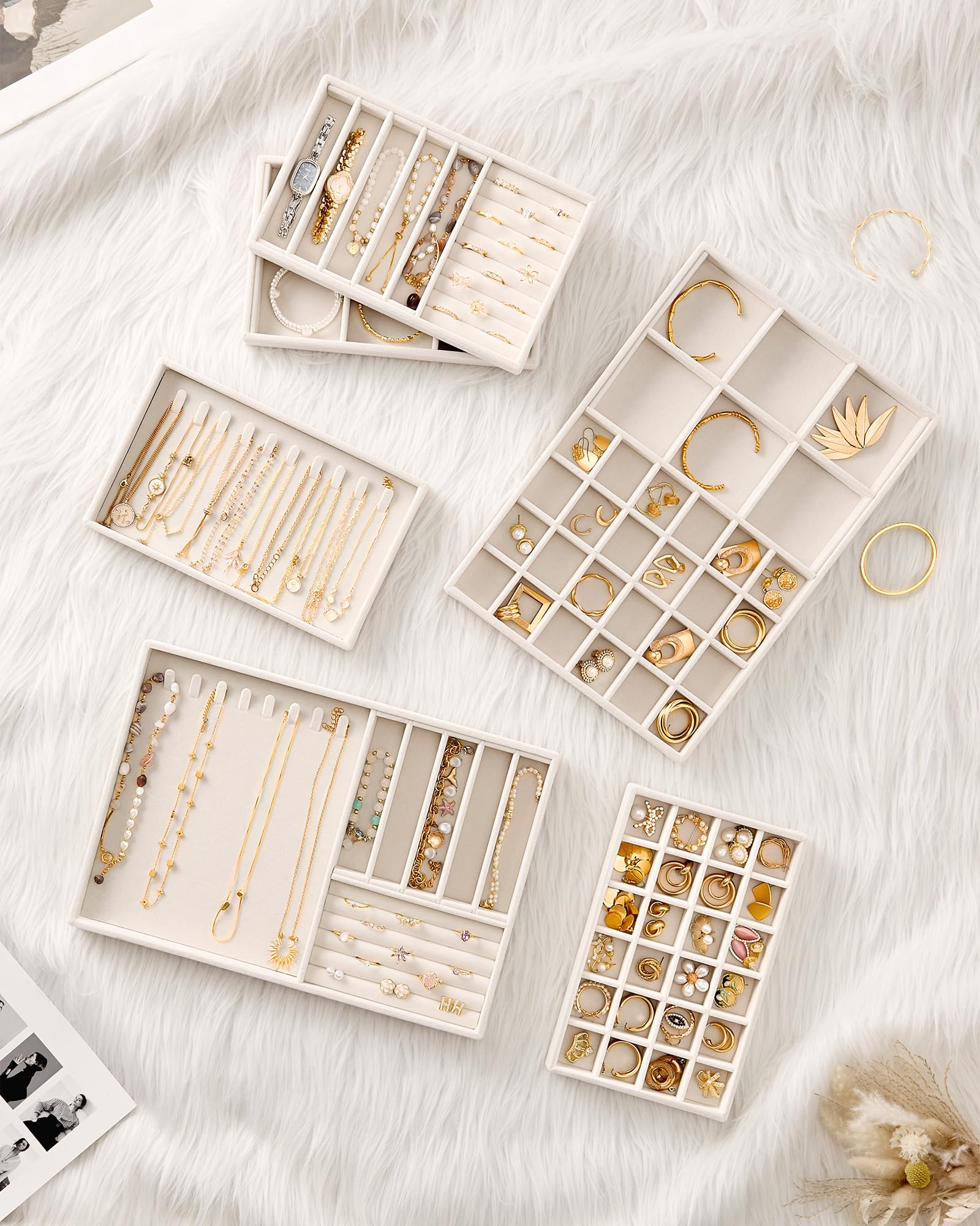 Lolalet Insertos para Cajón de Joyas, Bandejas Apilables de Terciopelo, Juego de Organizadores y Expositores para Collares, Pulseras, Aretes, Anillos, Cadenas, Brazaletes, Relojes - Beige, Juego de 4 — view 5