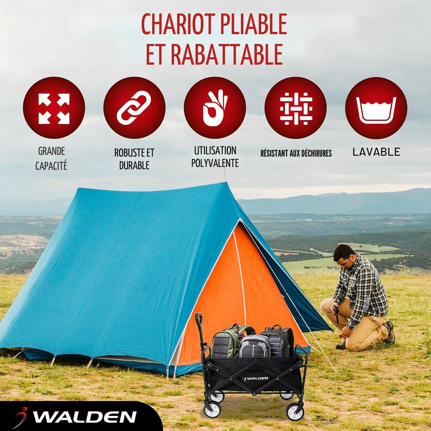 Chariot de plage pliable Walden de grande capacité, stable et portable, parfait pour le sport, le shopping, le camping