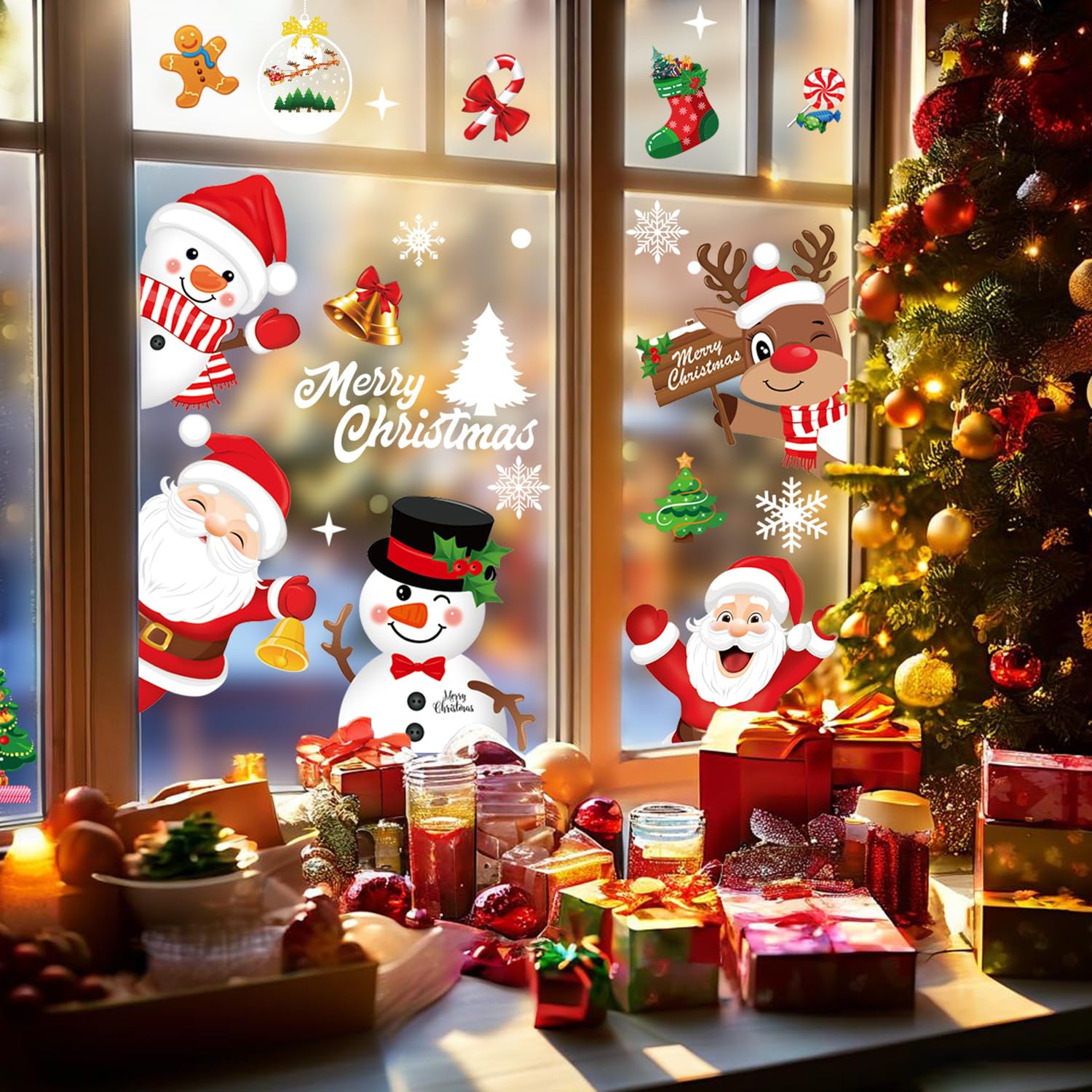 Xyxu Christmas Window Stickers - 10 Sheets with Red Santa Claus & Snowflake Decor, Reusable for Indoor Holiday Scene - Image 4