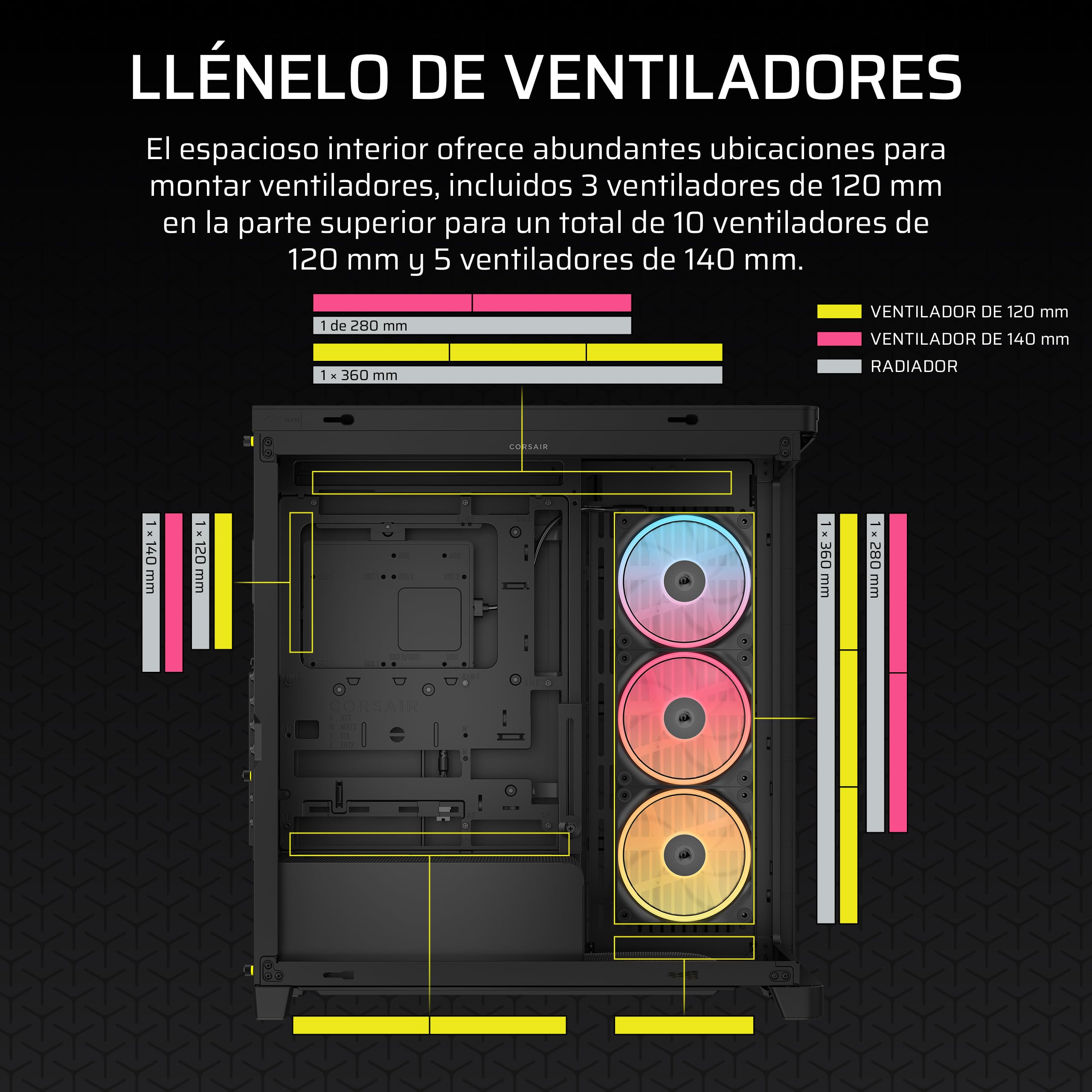 CORSAIR Frame 4500X LX-R RGB Link Caja de PC Semitorre con Cristal Panorámico – Sistema de Montaje de InfiniRail, Capacidad para Dos radiadores de 360 mm, Incluye 3 Ventiladores LX120R – Negro