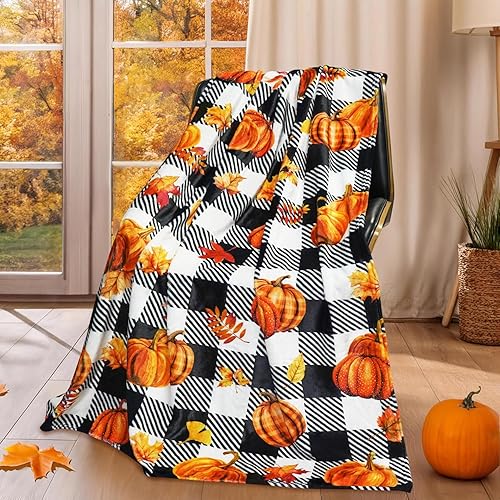 Miniatura 3 de Manta de otoño a cuadros blancos y negros para sofá de 50 x 60 pulgadas, acogedora manta de franela de otoño con hojas de calabaza de otoño y mantas