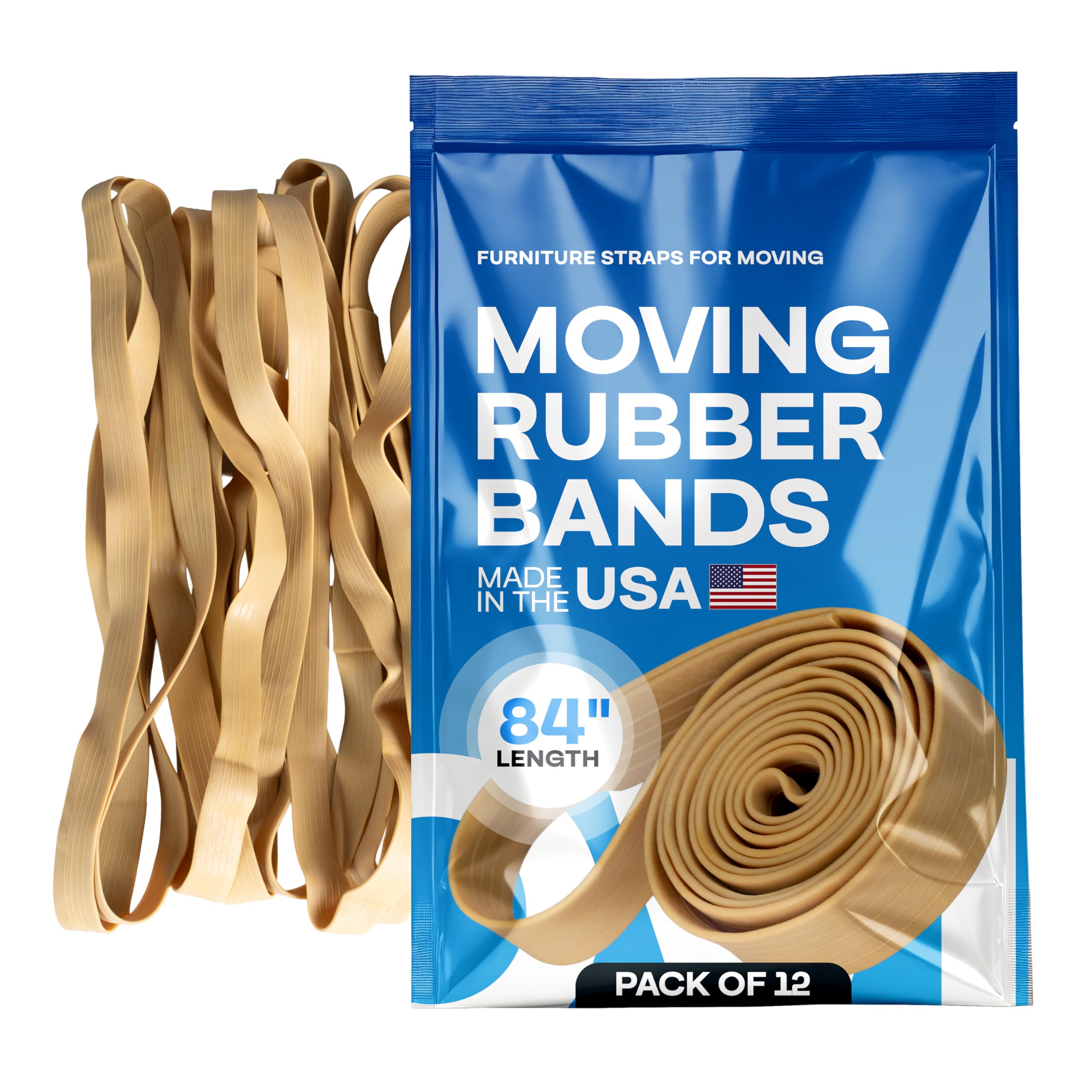 IDL Packaging Elastici in gomma resistenti, elastici e flessibili, 213,4 cm, confezione da 12, blu, 2 elastici, 80% gomma naturale, fasce extra forti per mobili, scatole, coperte per traslochi