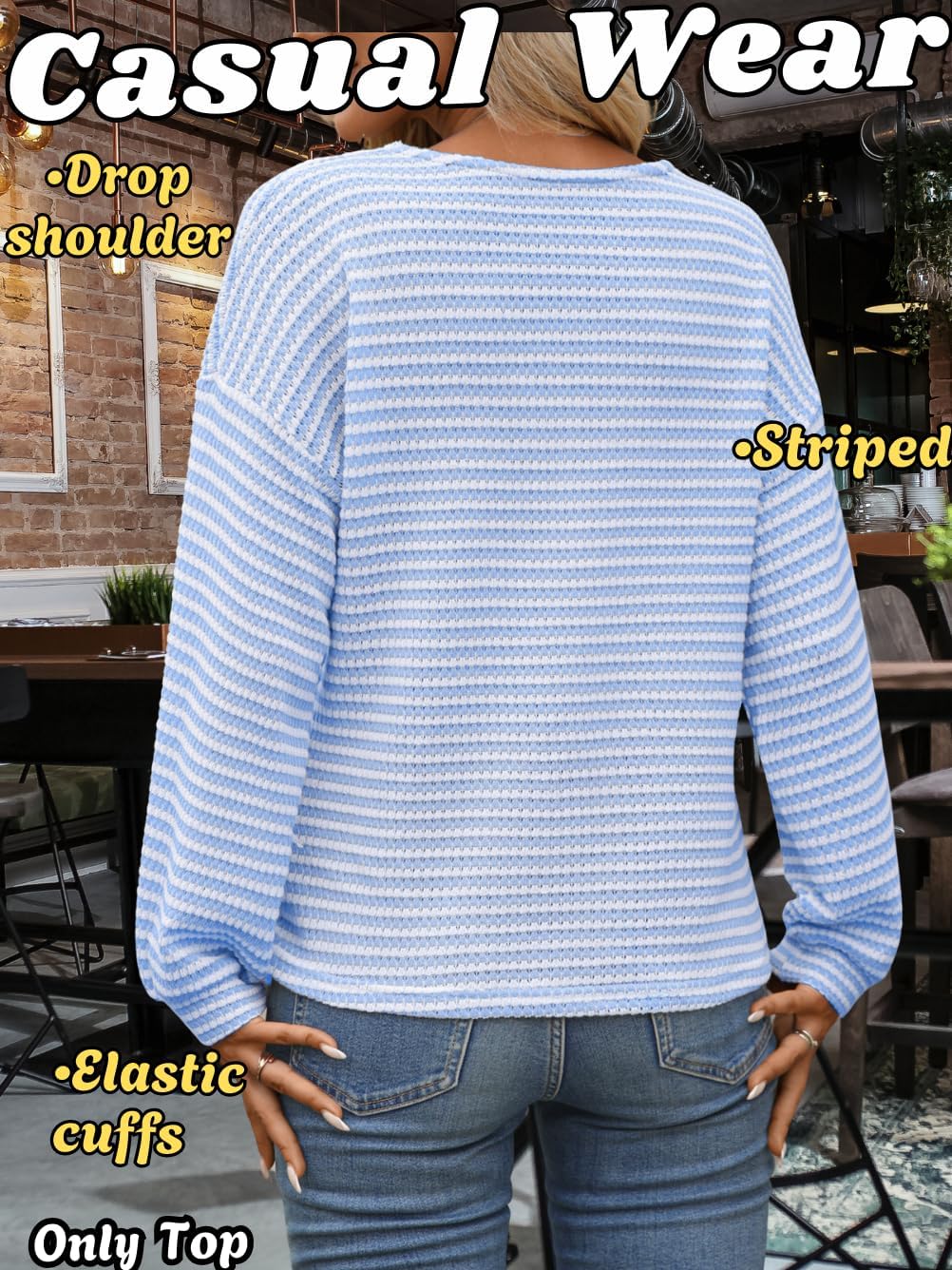 Striped Henley Shirts,V Neck Long Sleeve Knit Tops,Women Fall Clothes Going Out - Image 2