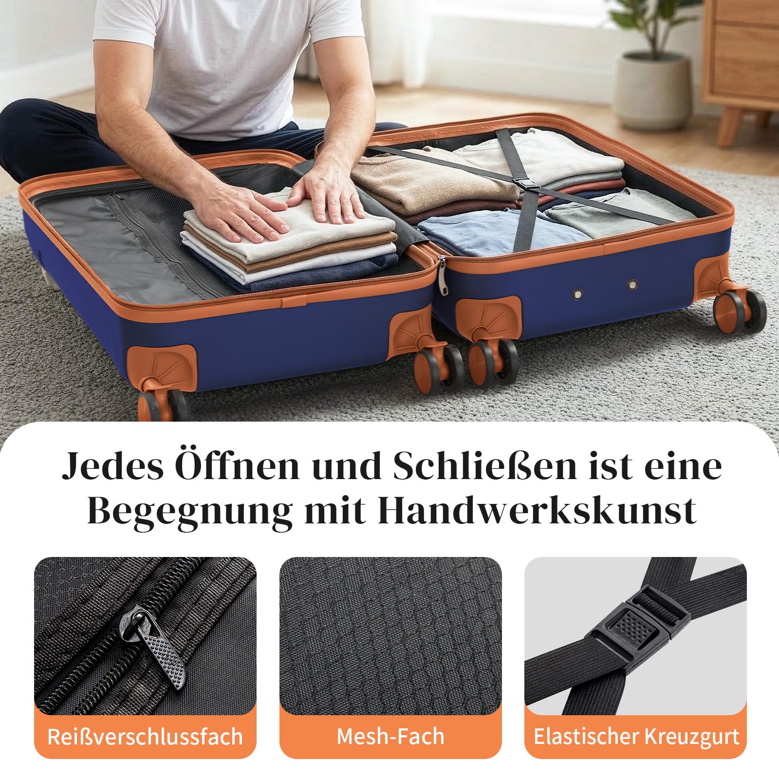 LEADZM Koffer Set 4 teilig Hartschale mit Kosmetikkoffer, Kofferset aus ABS, Reisekoffer mit Rollen Groß, Handgepäck, Hartschalenkoffer Set, Koffer & Trolleys (Navy-Braun)