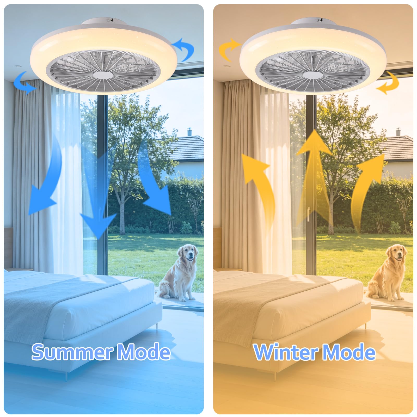Deckenventilator mit Beleuchtung RGB 45cm Schlafzimmer, mit Lautsprecher | Fernbedienung und APP, Dimmbar, 6 Windstufen Reversibel, Leise, Timer