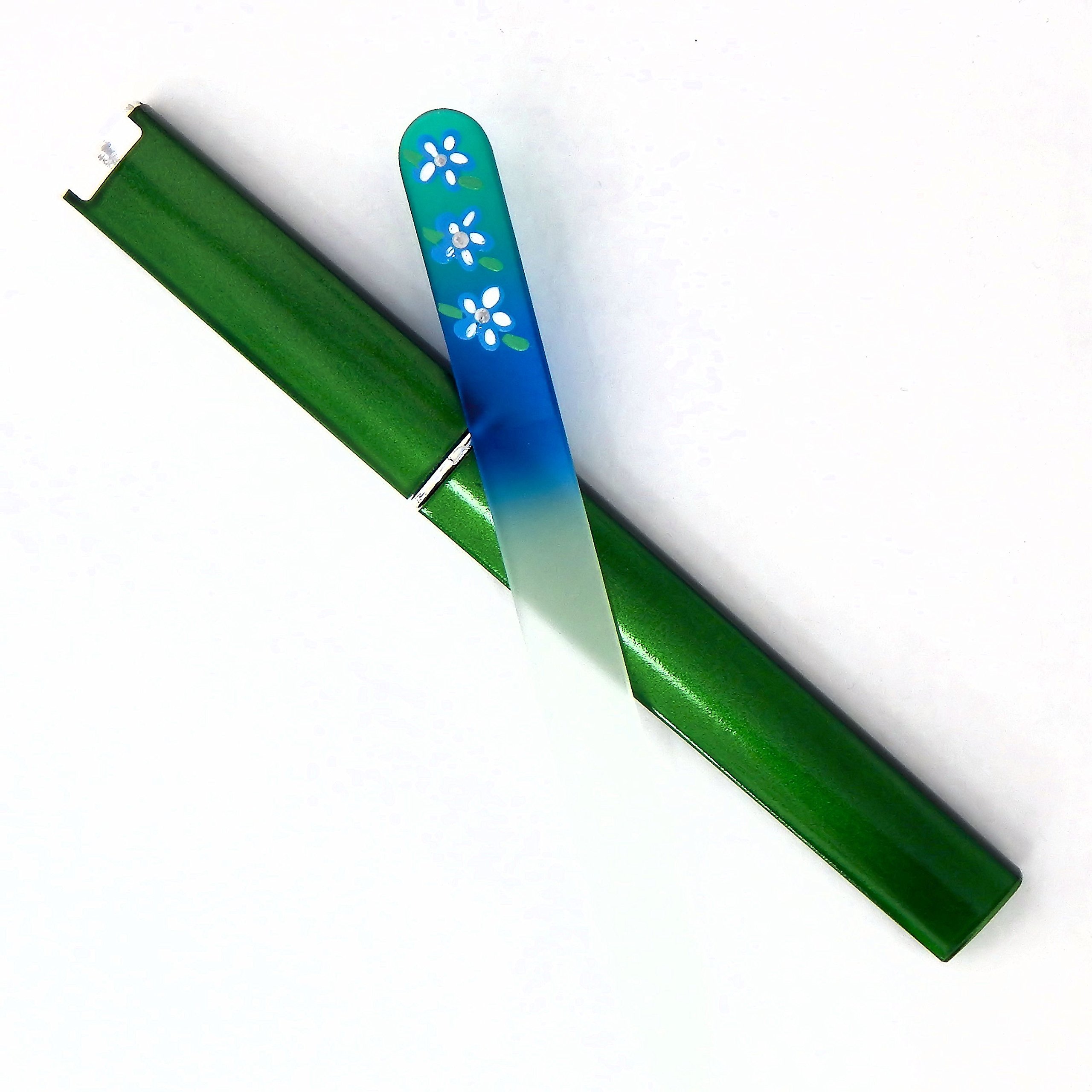 Moon Flower Green/Blue Premium Hand Painted Genuine Czech Republic Crystal Nail File with Matching Acrylic Case - Medium