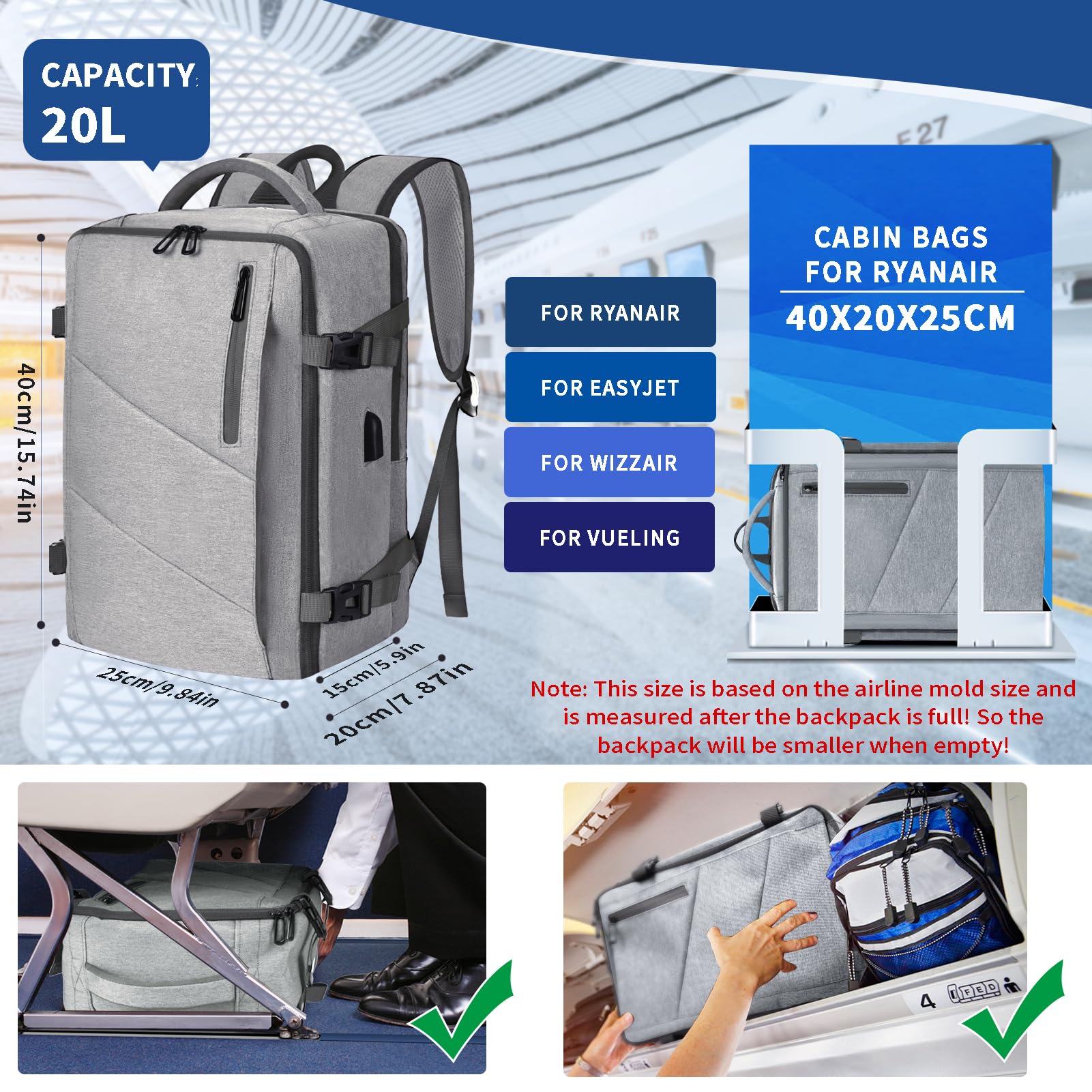 Leyrica Zaino da Viaggio per Ryanair/Wizzair 40x20x25 Bagaglio a Mano Unisex Borse da Cabina Zaino per Laptop 15 pollici Daypack Casual Zaino Università Zaino (Grigio Chiaro)