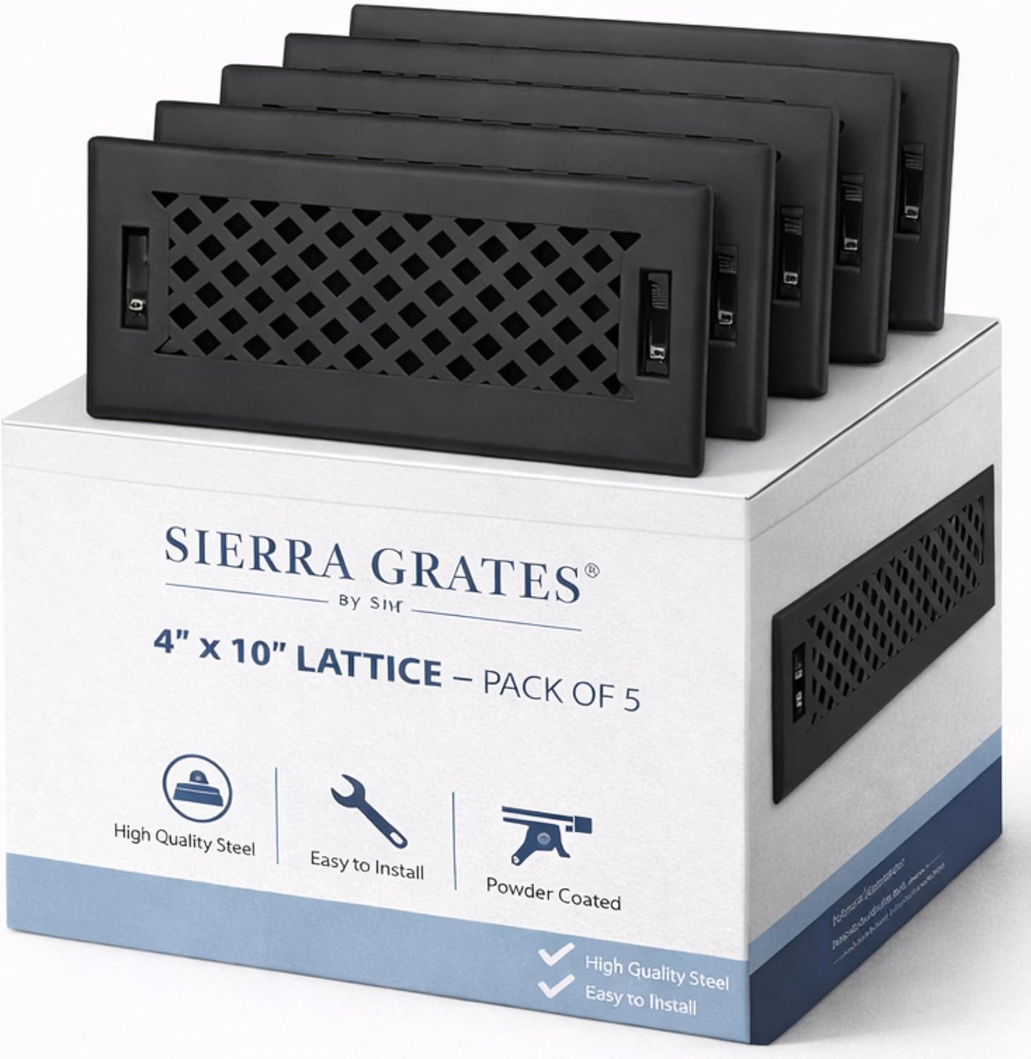 5 Pc, Sierra Grates 4" x 10" Lattice Design Steel Floor Register in Textured Black Finish with mounting Clips- for Floor or Side Wall- Decorative Air Vent Covers- Floor Register 4” x 10”