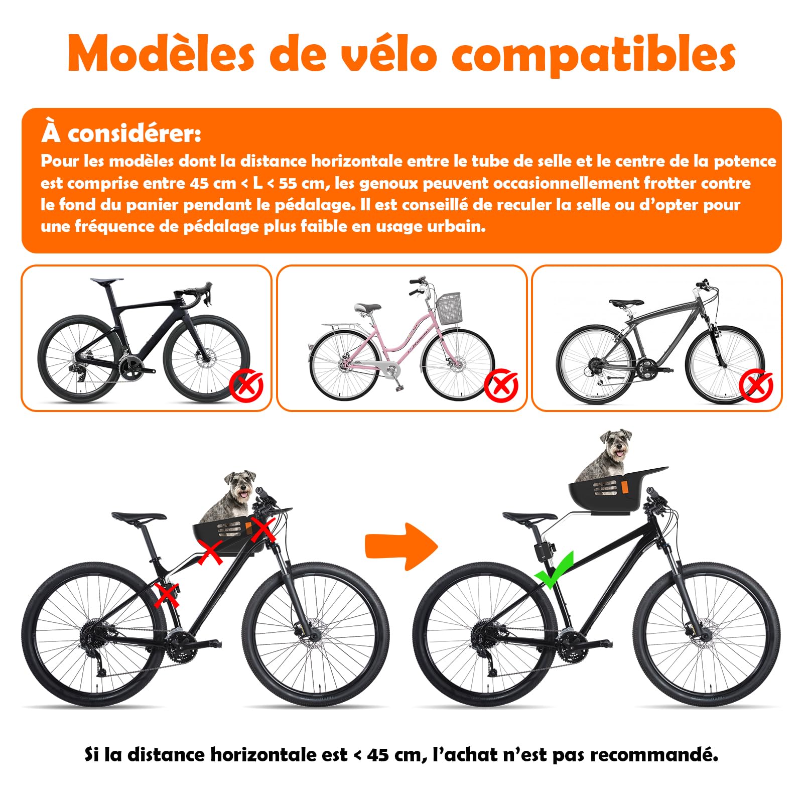 Panier de Vélo Avant pour Chien Chat 12KG, Siège Robuste Intégré, Coussin Nylon Imperméable, Sangles Réglables, Cadre Métal Antirouille