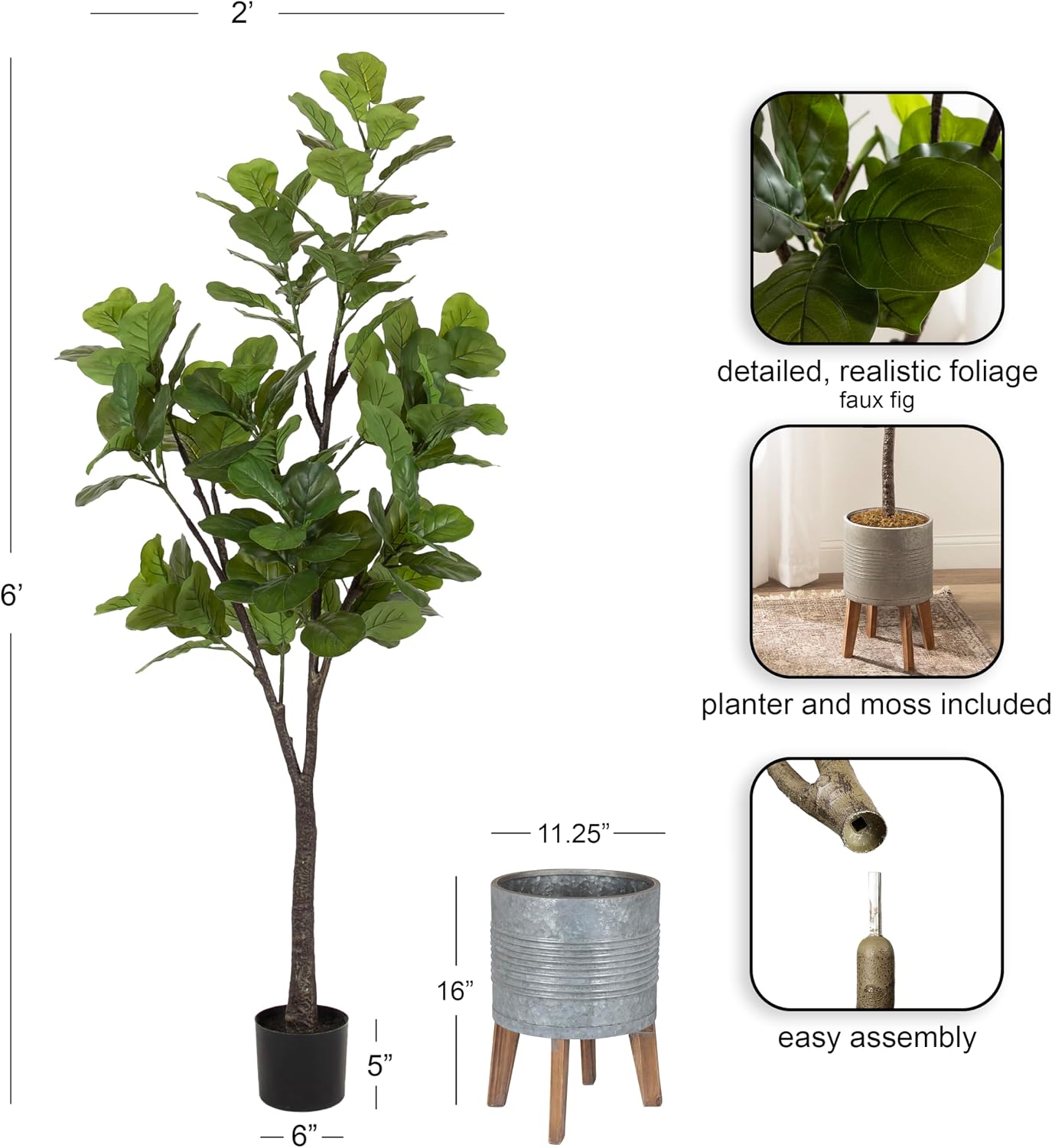 Kate and Laurel Fidmont Faux Fiddle Fig Tree with Gavri Metal Planter Pot, 6.5 FT, Silver and Rustic Brown, Potted Artificial Tree Indoor with Realistic Foliage and Added Moss, Living Room Fake Plant
