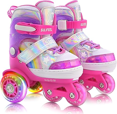 Miniatura 91 de SULIFEEL - Patines infantiles con luz ajustable y diseño de unicornio y arcoíris, tamaño 4 para niños y niñas b púrpura