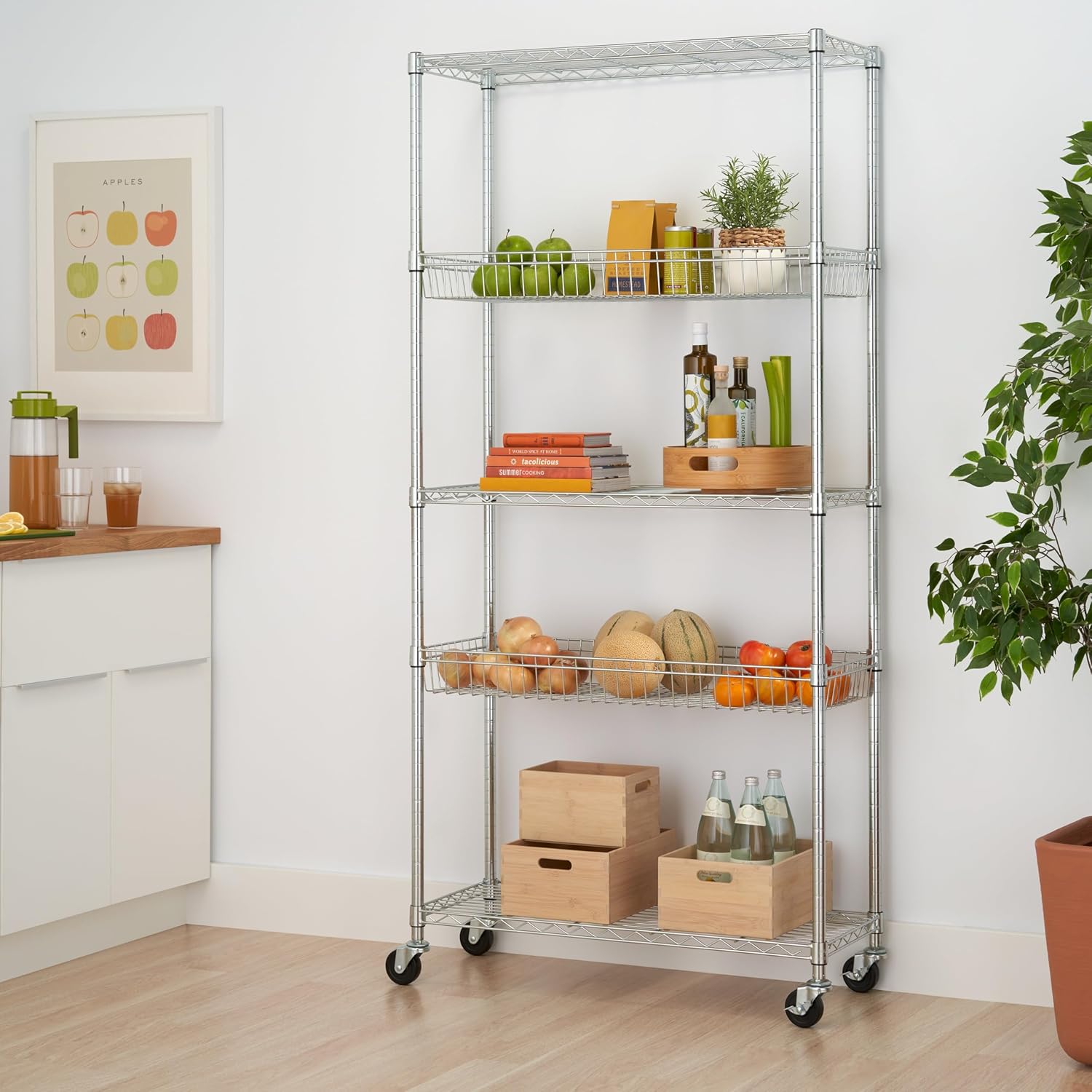 TRINITY 5-Tier Commercial Wire Shelving Rack With Baskets And Wheels, NSF Certified, EcoStorage Chrome, 36" x 14" x 72
