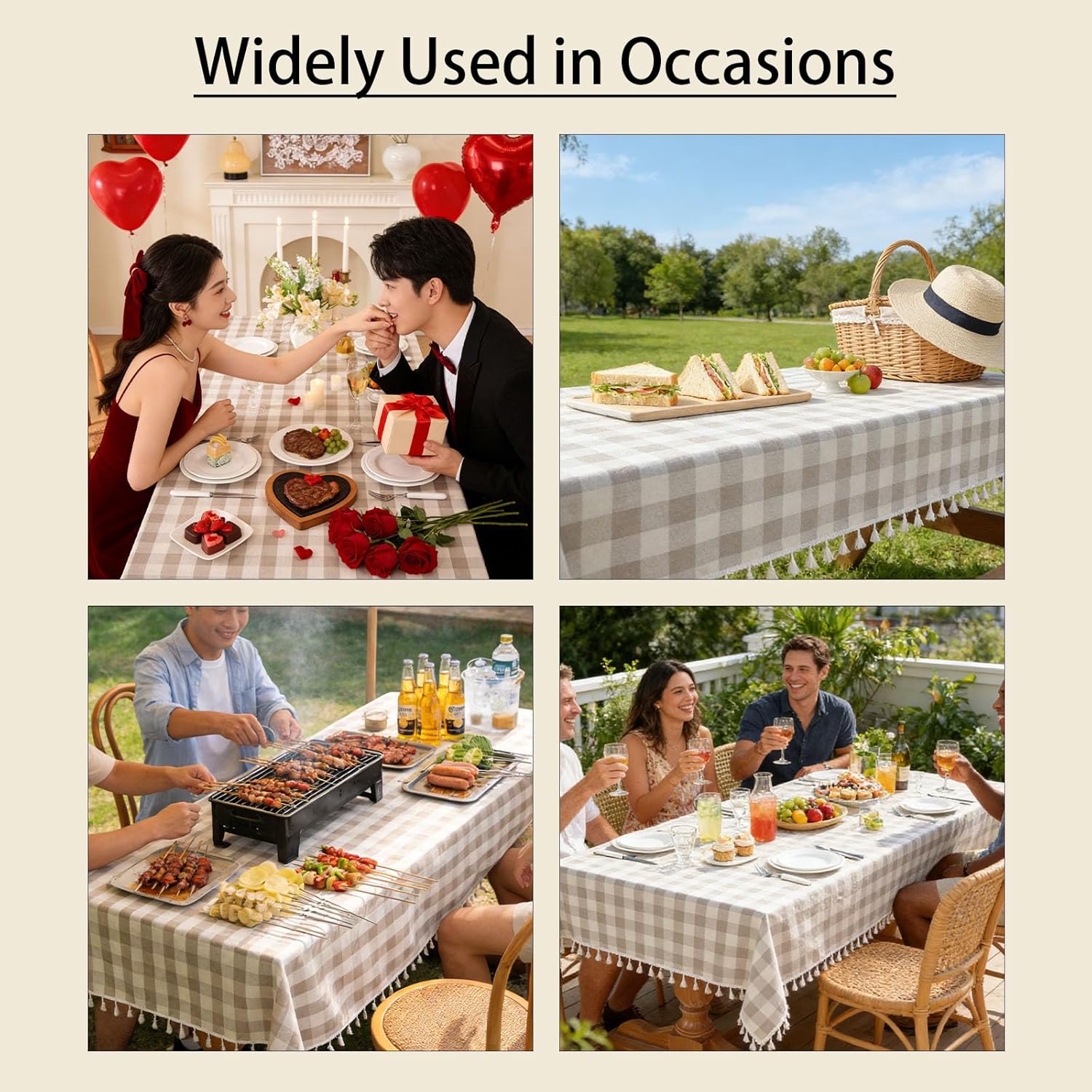 Gingham Tablecloth Rectangular, Tassels Checkered Table Cloth Washable Cotton Linen Plaid Table Cover for Spring Summer Kitchen Dining Party,Beige and White,55x55