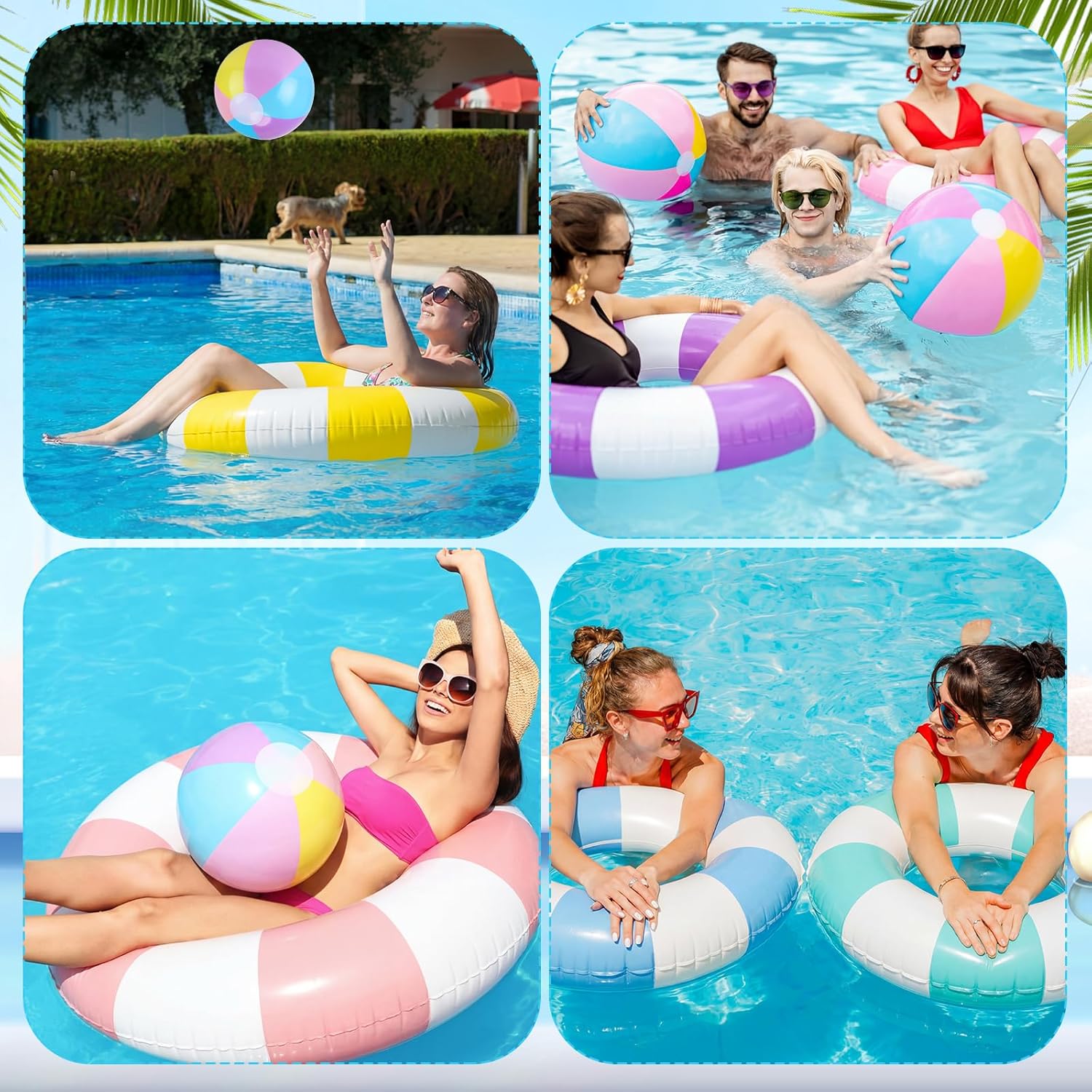 12 Pcs Pool Floats Included 6 Pastel Inflatable Beach Balls and 6 Swimming Rings for Adults, Jumbo Big Macaron Beach Balls Striped Tubes for Summer Pool Supplies