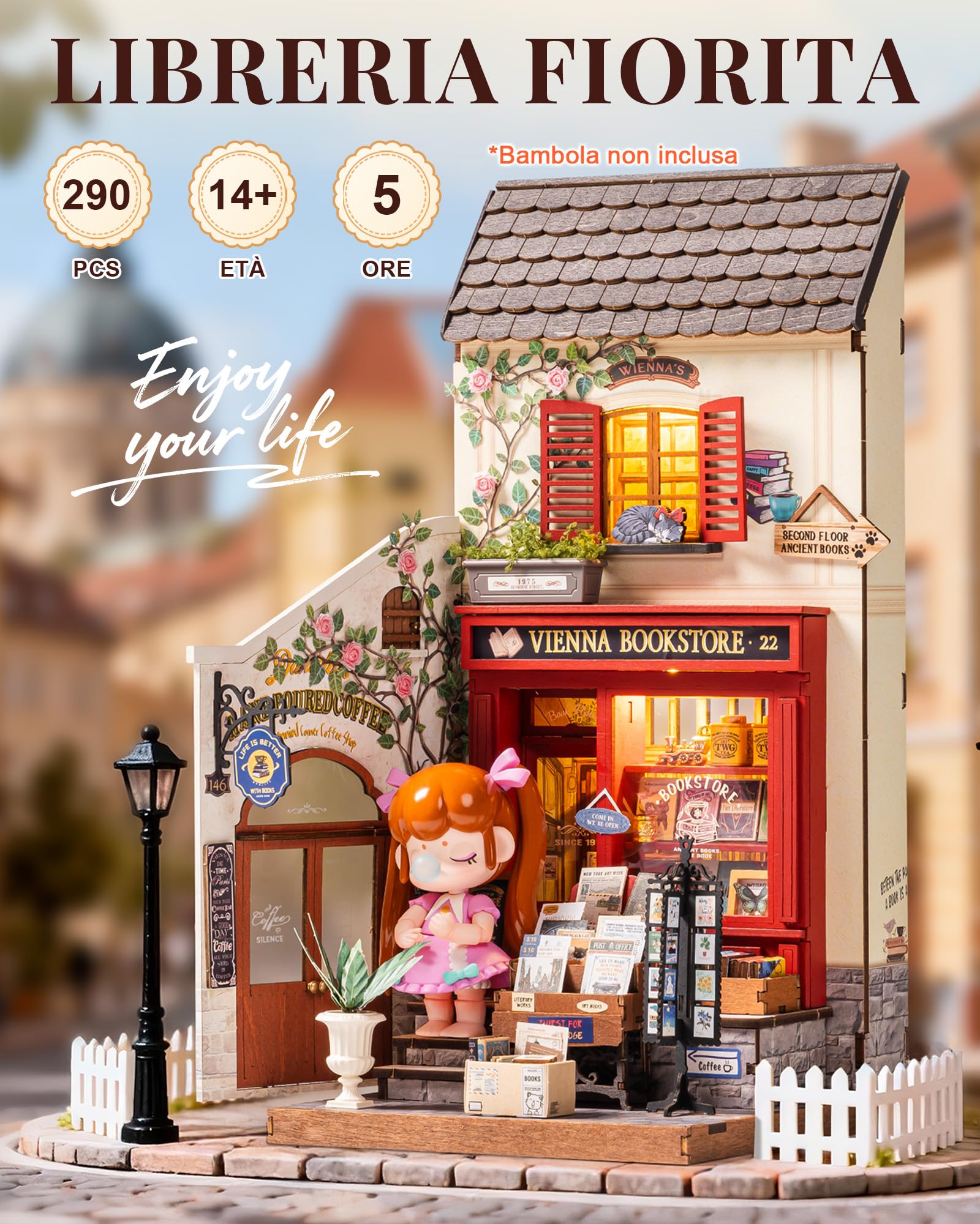Rolife Miniature Casa Libreria Vienna, 290 pezzi Kit Casa in Miniatura DIY, Modellismo da Costruire Adulti Casa delle Bambole in Legno Puzzle 3D Nessun collante necessario