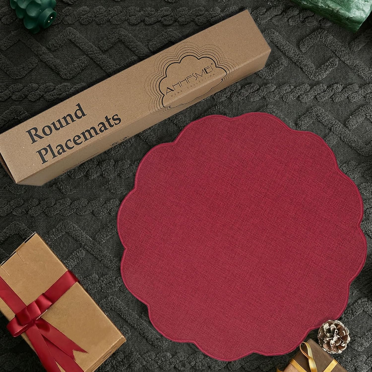 AHHFSMEI Round Faux Linen Placemats Set of 6 Heat Resistant Non-Slip Stain Proof Table Mats for Kitchen Dining Elegant Decor Place Mats (Burgendy red,6)