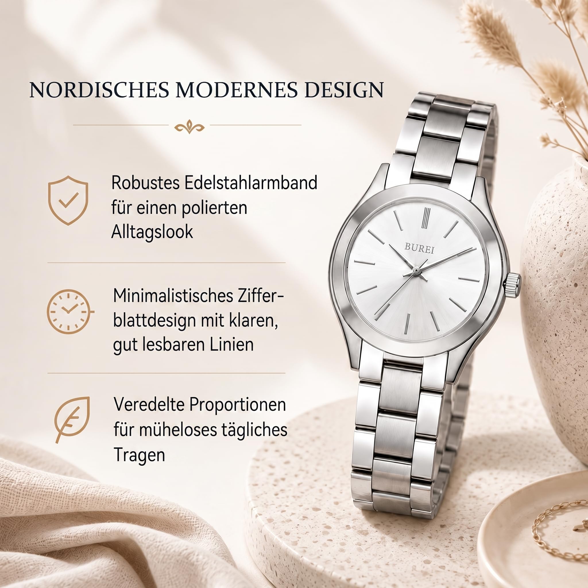 BUREI Reloj de Pulsera analógico Minimalista de Cuarzo para Mujer, clásico, Acero Inoxidable, Regalo para Mujer