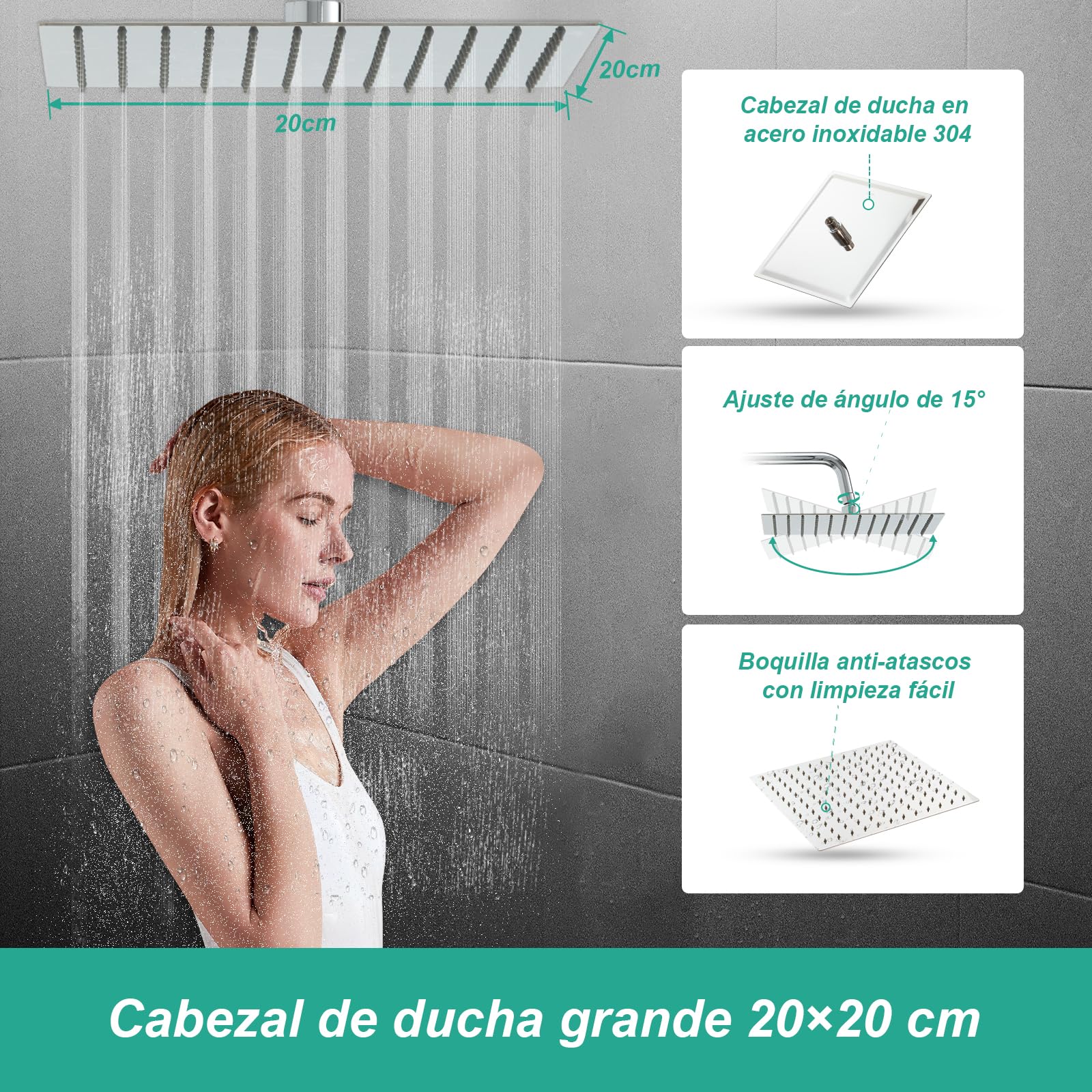 OFFO Conjunto de Ducha, Columna Ducha sin Grifo, 20x20cm Ducha de Lluvia de Acero Inoxidable, Con Manguera Ducha 1,6m y Barra de Ducha de Altura Ajustable, Cromo